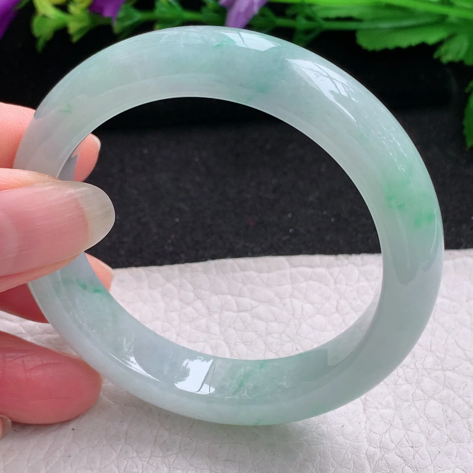 z小圈口52*12.5*8.5平安镯 缅甸翡翠精美冰飘花清爽宽边玉手镯 玉手环