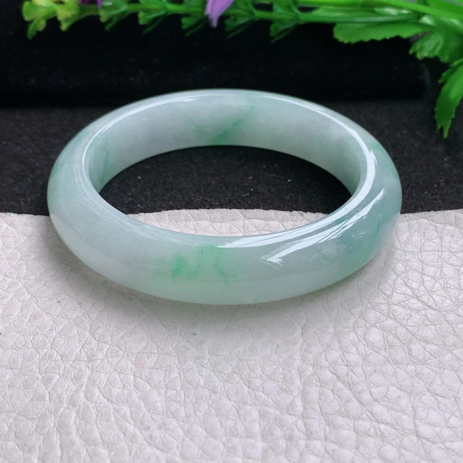 z小圈口52*12.5*8.5平安镯 缅甸翡翠精美冰飘花清爽宽边玉手镯 玉手环