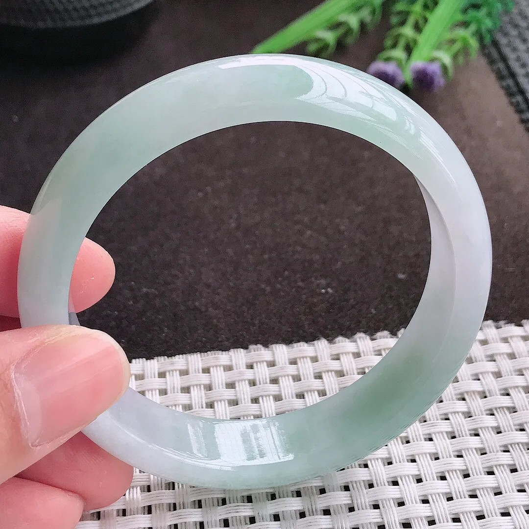 实拍A货翡翠57.8/14/7.5老坑冰润起胶冰晴手镯宽边翡翠玉镯