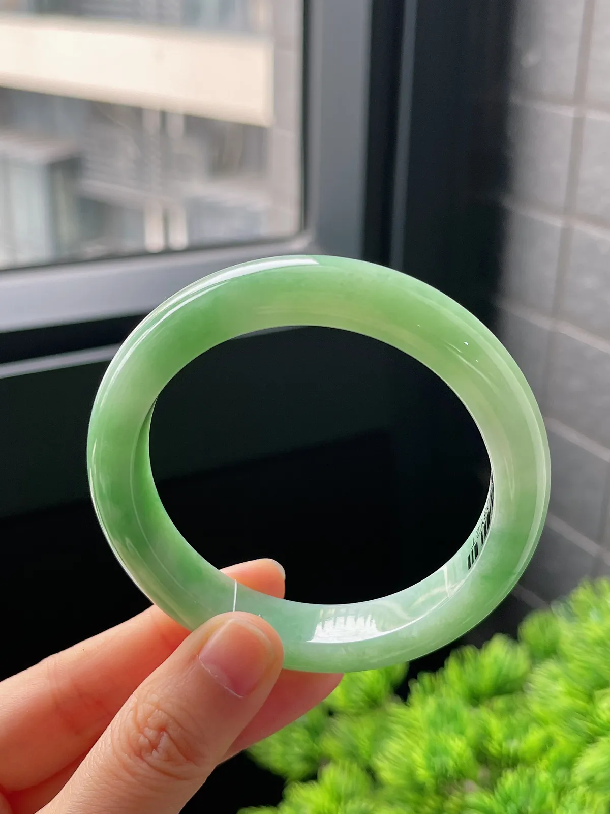 正圈55.8圈口，翡翠糯化种飘绿手镯