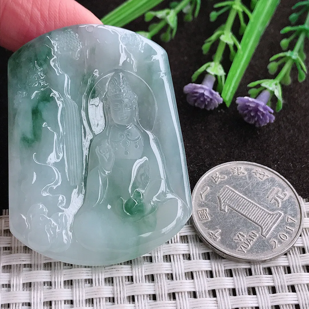 实拍A货翡翠50.6/37.8/5.5老坑冰润起胶冰飘花山水观音吊坠翡翠玉牌挂件