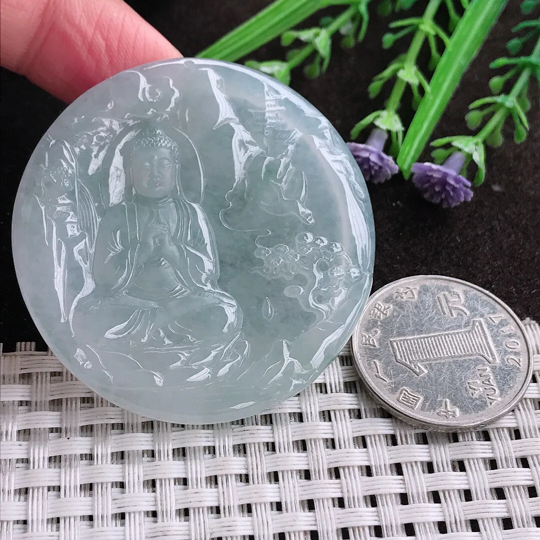 实拍A货翡翠50/5.2老坑冰润起胶如来佛祖吊坠翡翠玉牌挂件