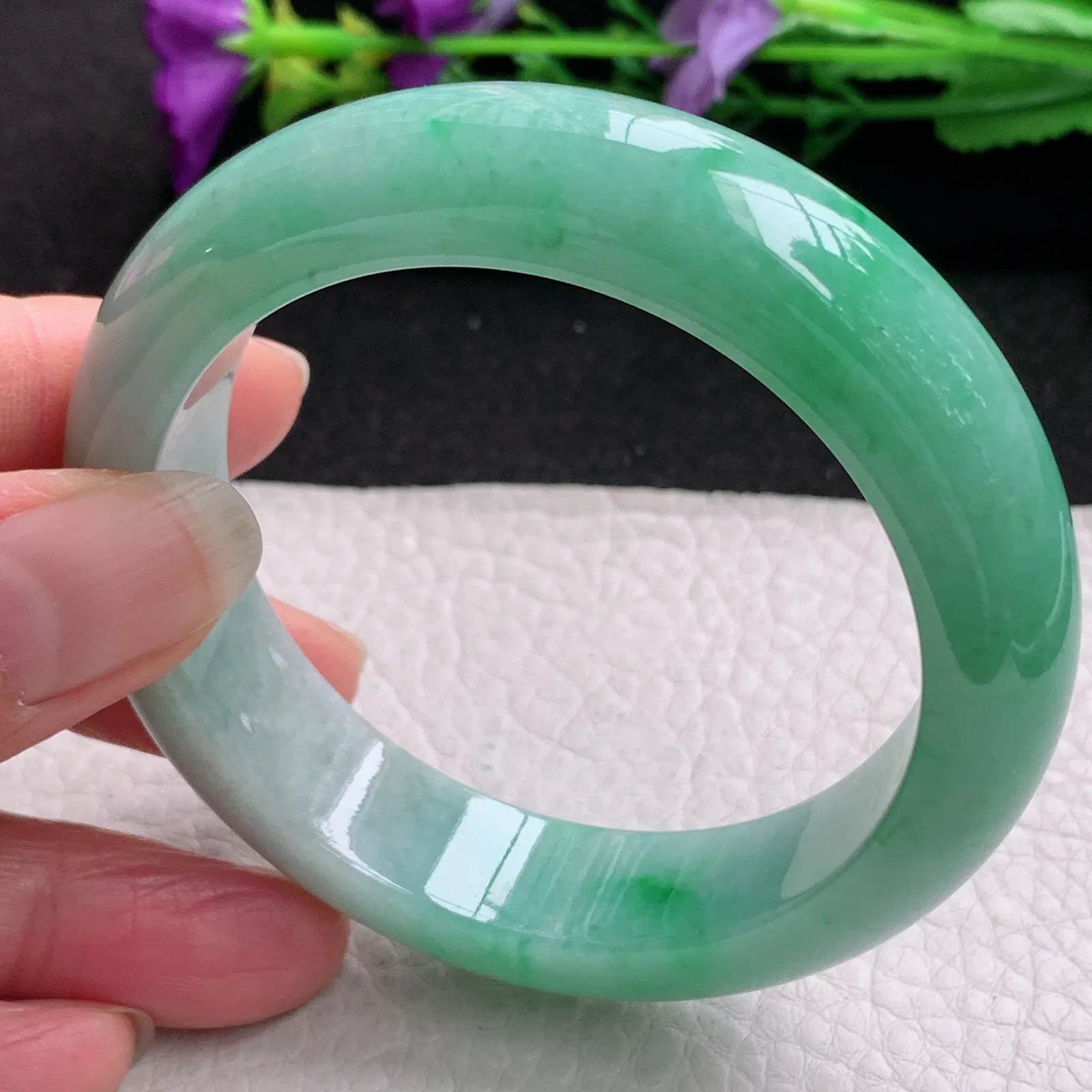 ll实拍55.5*14.8*9.3平安镯 缅甸翡翠精美飘绿厚装宽边玉手镯 玉手环