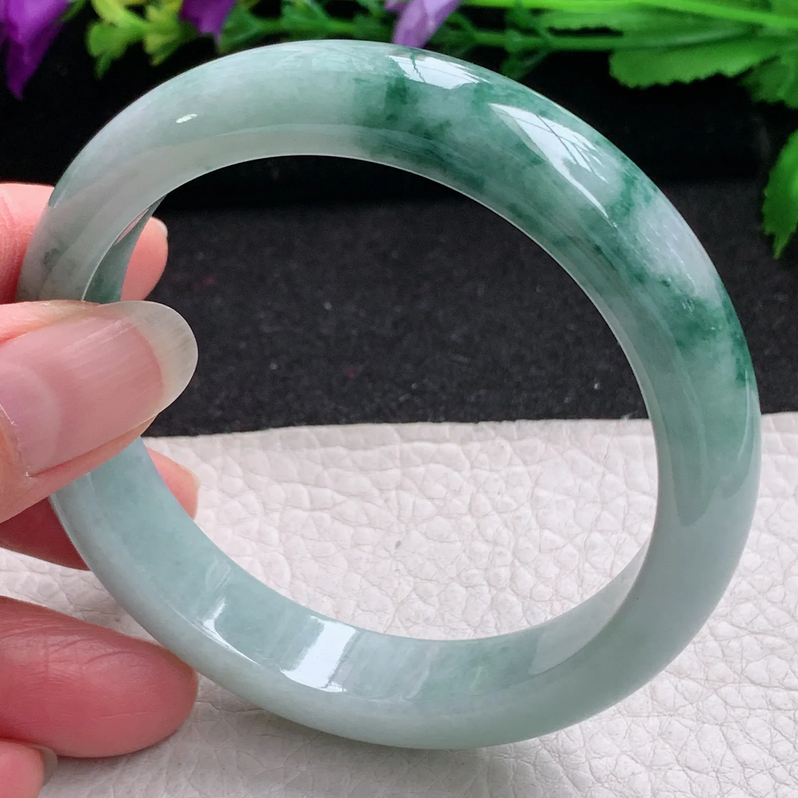ll实拍58.6*13*8平安镯 缅甸翡翠精美飘花水润宽边玉手镯 玉手环