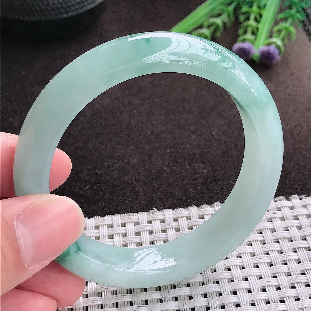 实拍A货翡翠54.8/12.9/8.5老坑冰胶果冻冰飘花手镯宽边玉镯