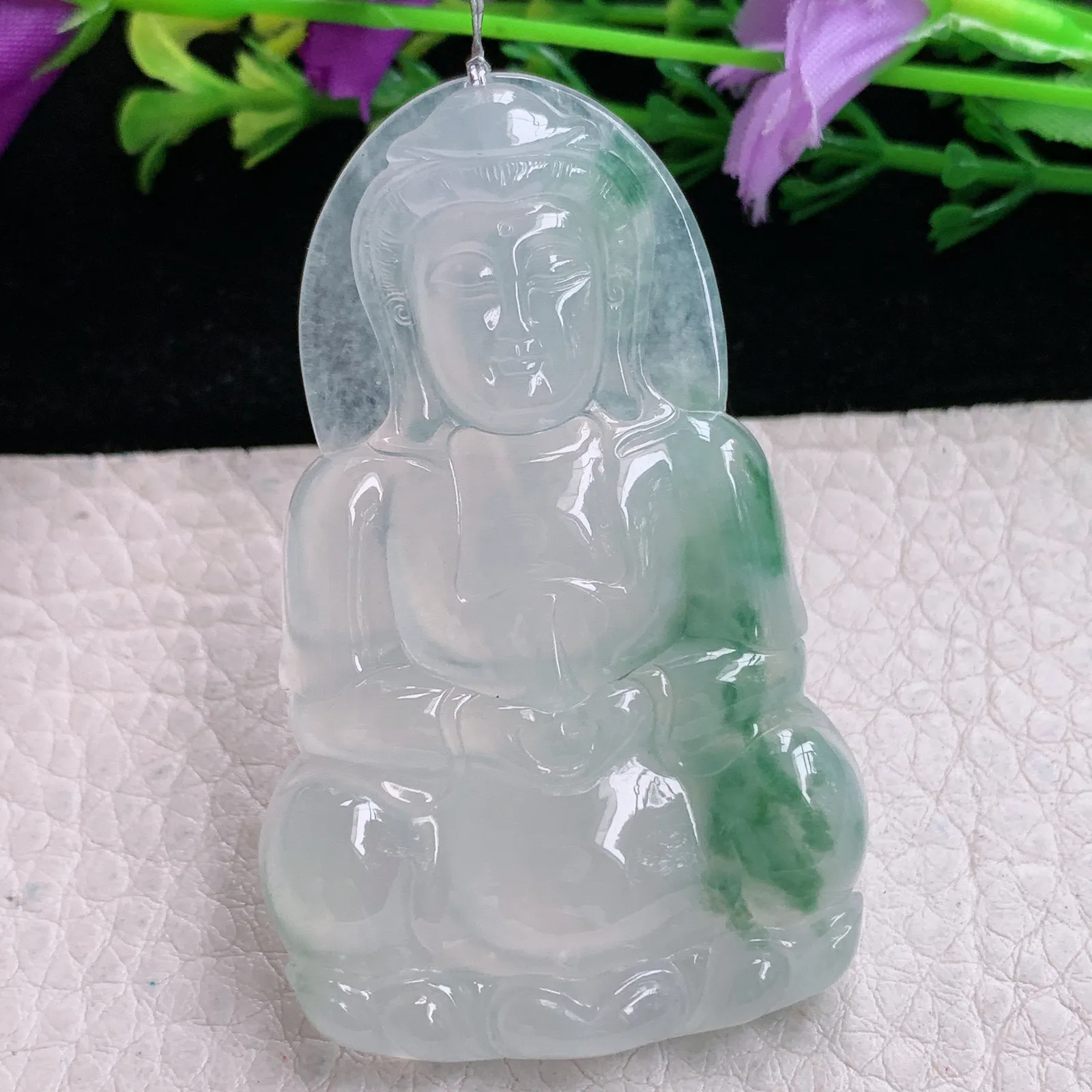qxm实拍57.8*36.2*6.2缅甸翡翠精雕冰飘花正庄观音 玉观音玉吊坠 玉挂坠