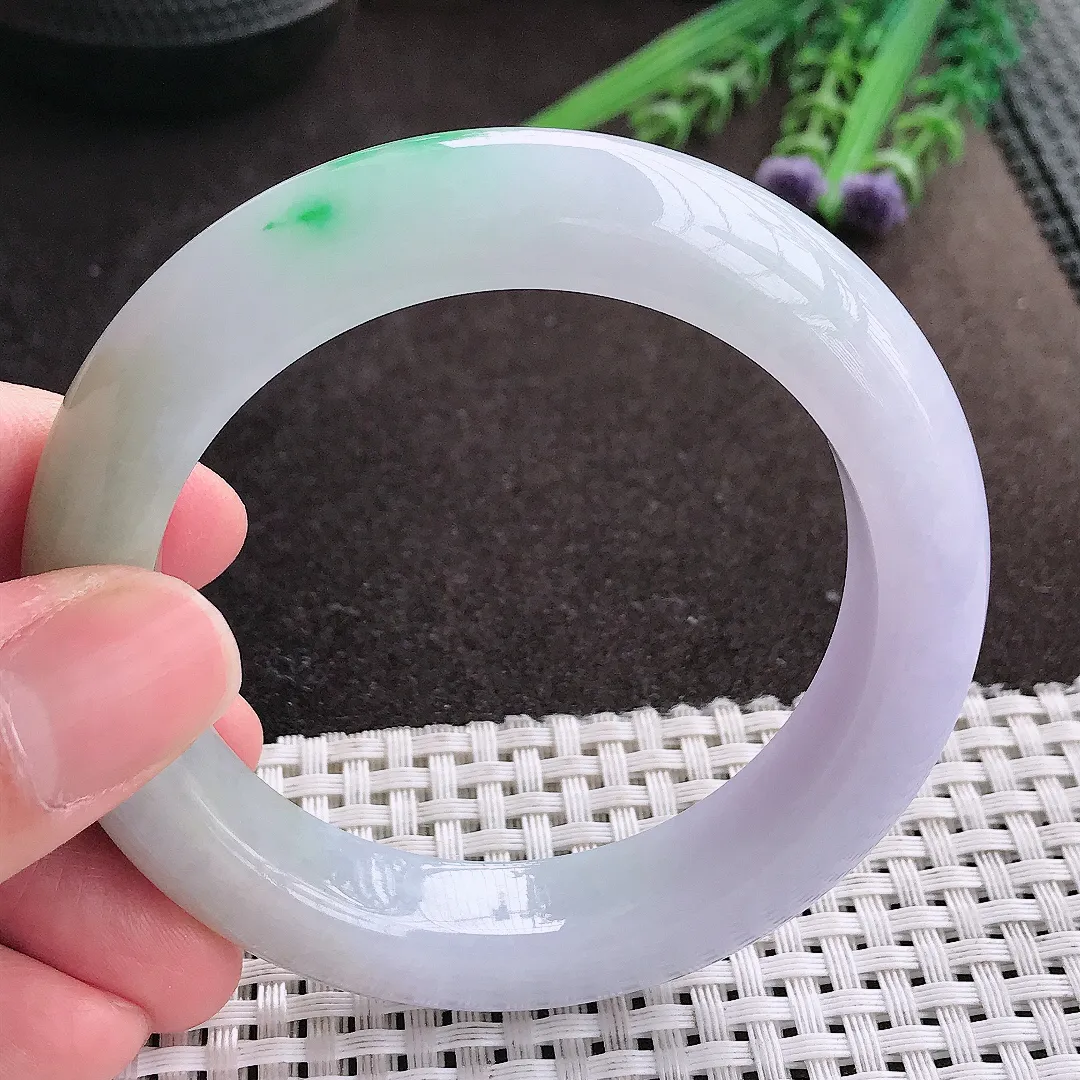 实拍A货翡翠55/12.7/10老坑冰润水灵春带彩手镯宽边玉镯