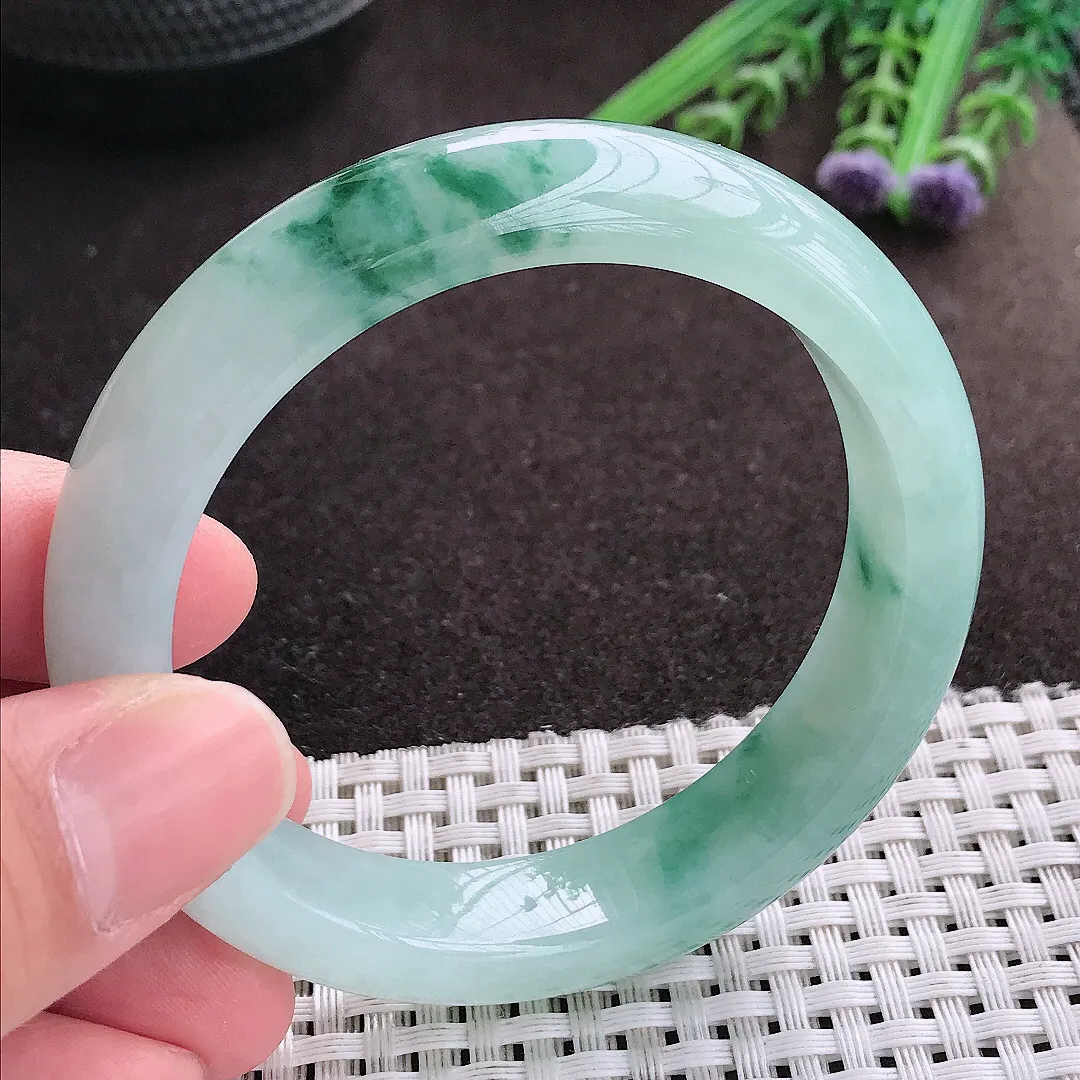 实拍A货翡翠54.8/12.9/8.5老坑冰胶果冻冰飘花手镯宽边玉镯