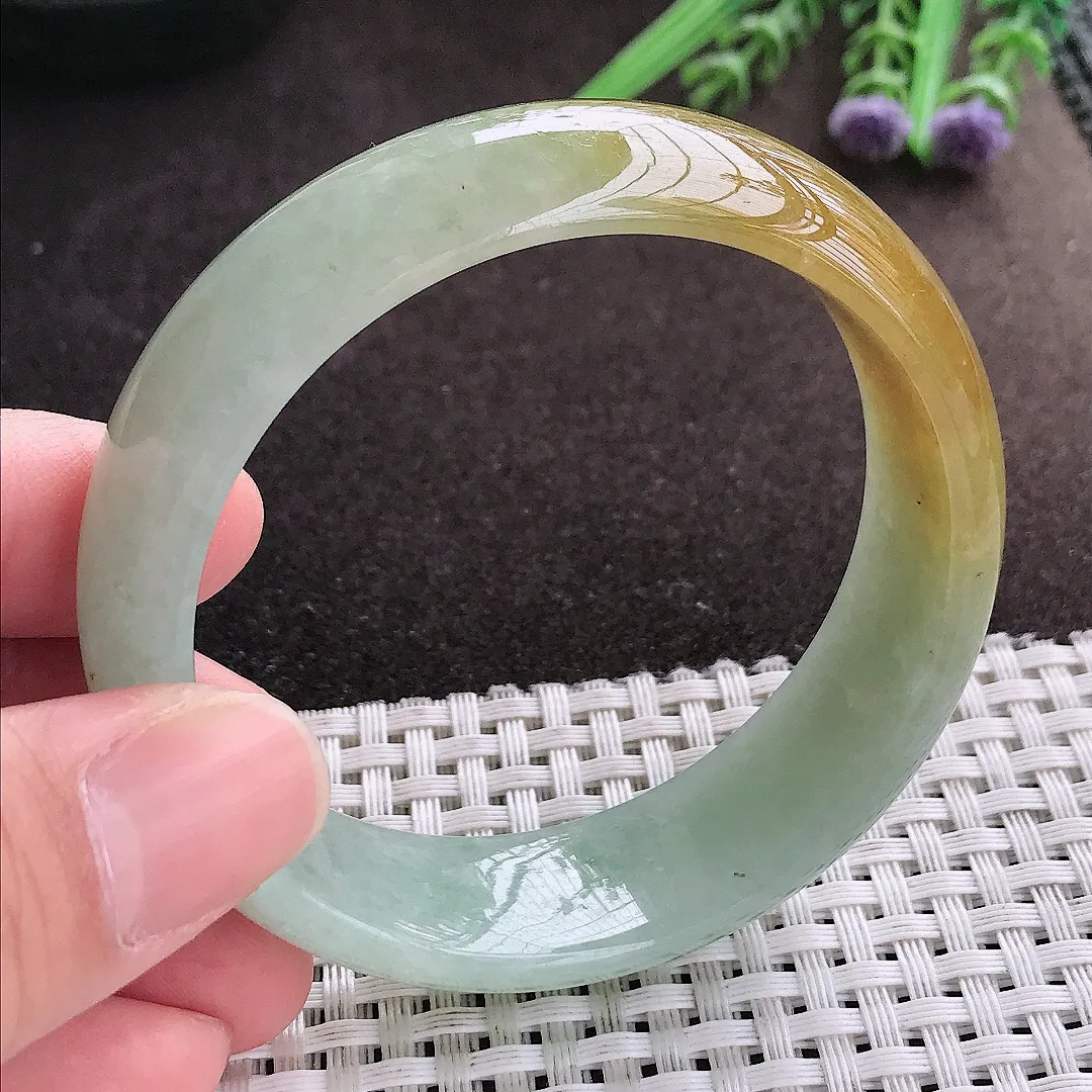 实拍A货翡翠55/17.5/7.1老坑精美特色黄翡轮胎手镯宽边玉镯