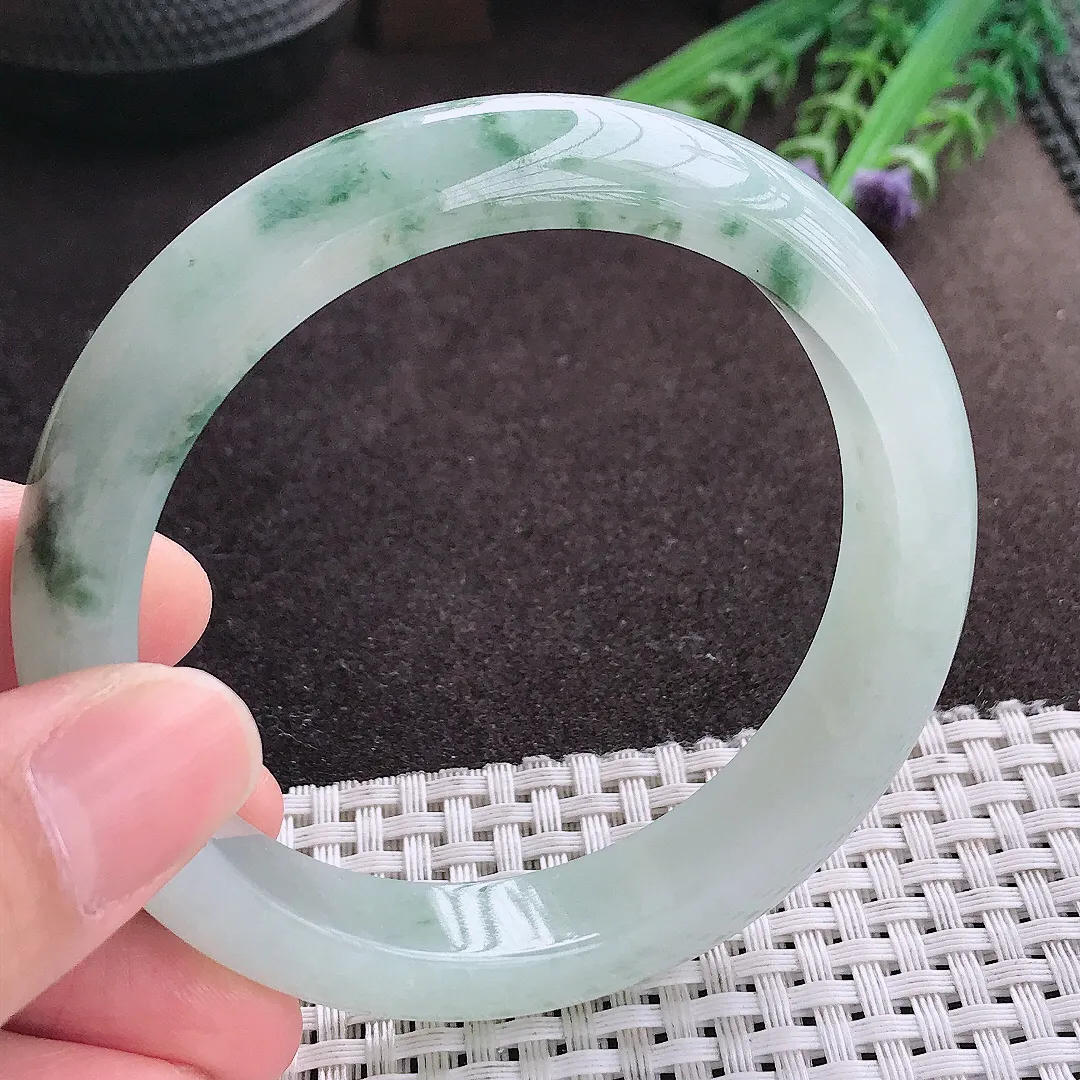 实拍A货翡翠59.5/12.6/8.6老坑冰胶飘花手镯宽边玉镯