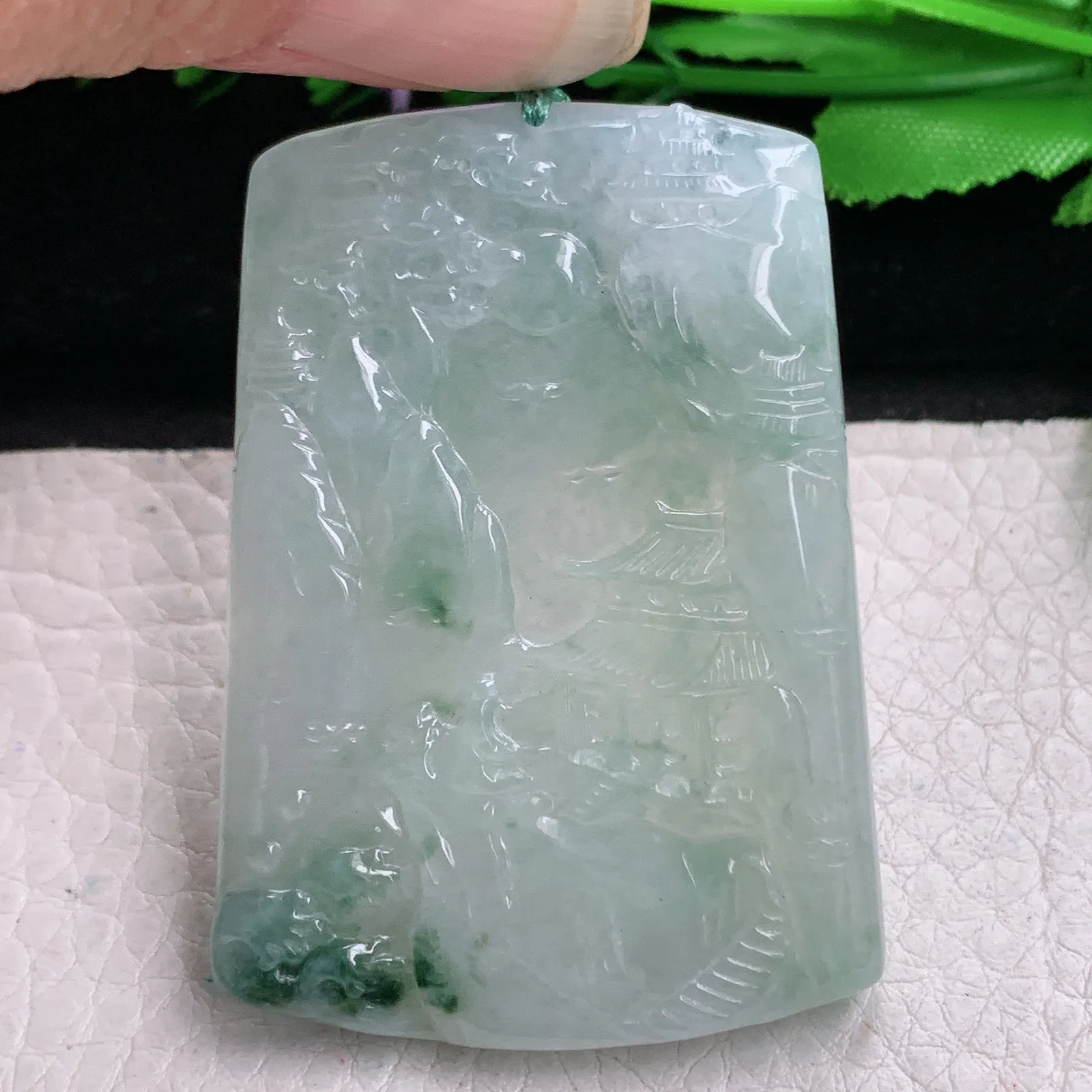 yn实拍55.5*39*5.2缅甸翡翠精雕冰飘花山水 大好河山玉吊坠 玉挂坠