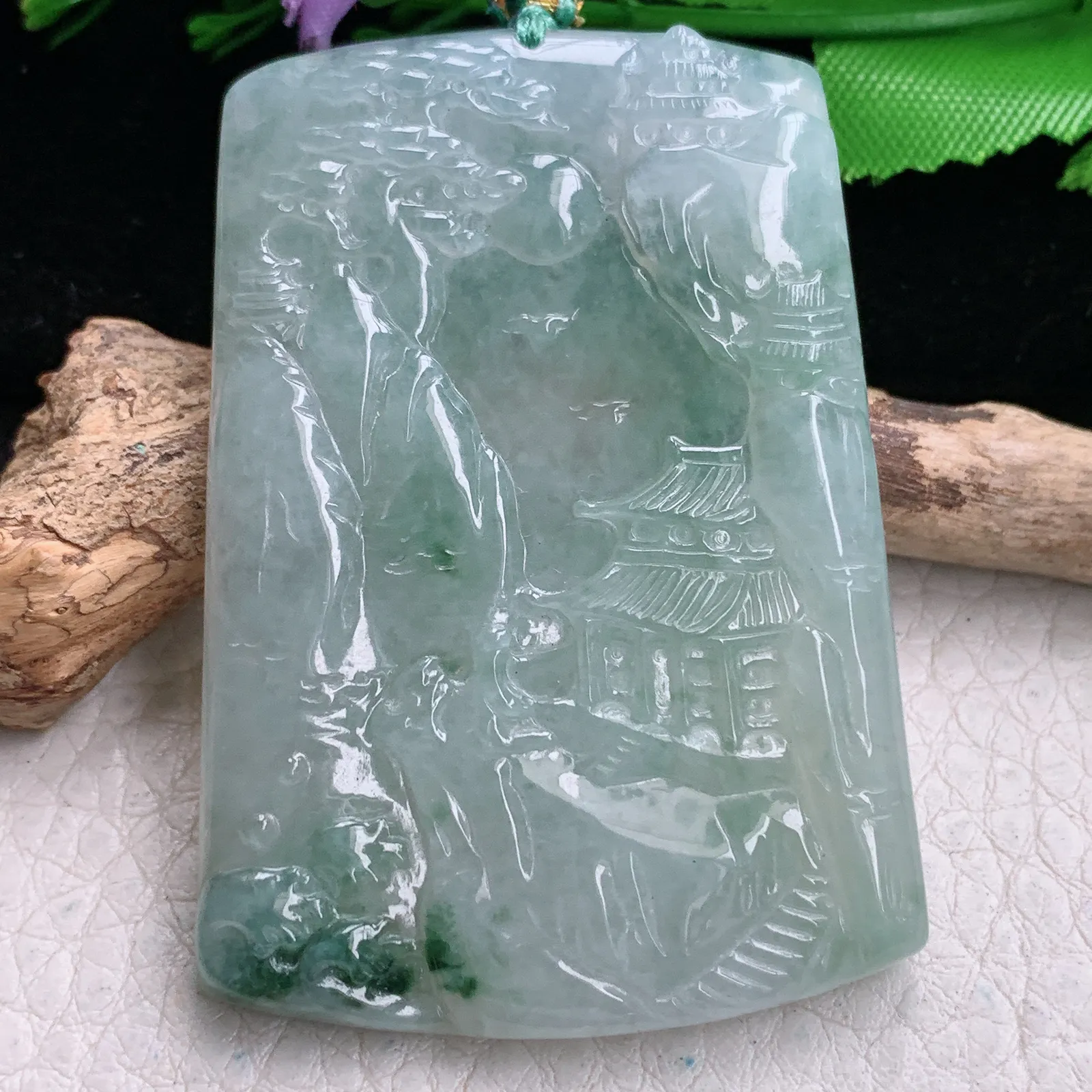 yn实拍55.5*39*5.2缅甸翡翠精雕冰飘花山水 大好河山玉吊坠 玉挂坠