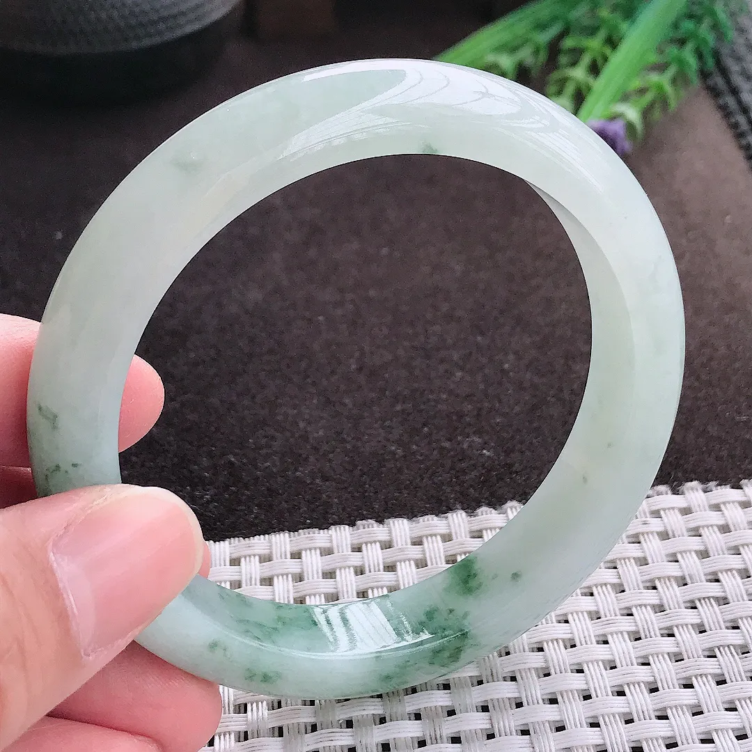 实拍A货翡翠59.5/12.6/8.6老坑冰胶飘花手镯宽边玉镯