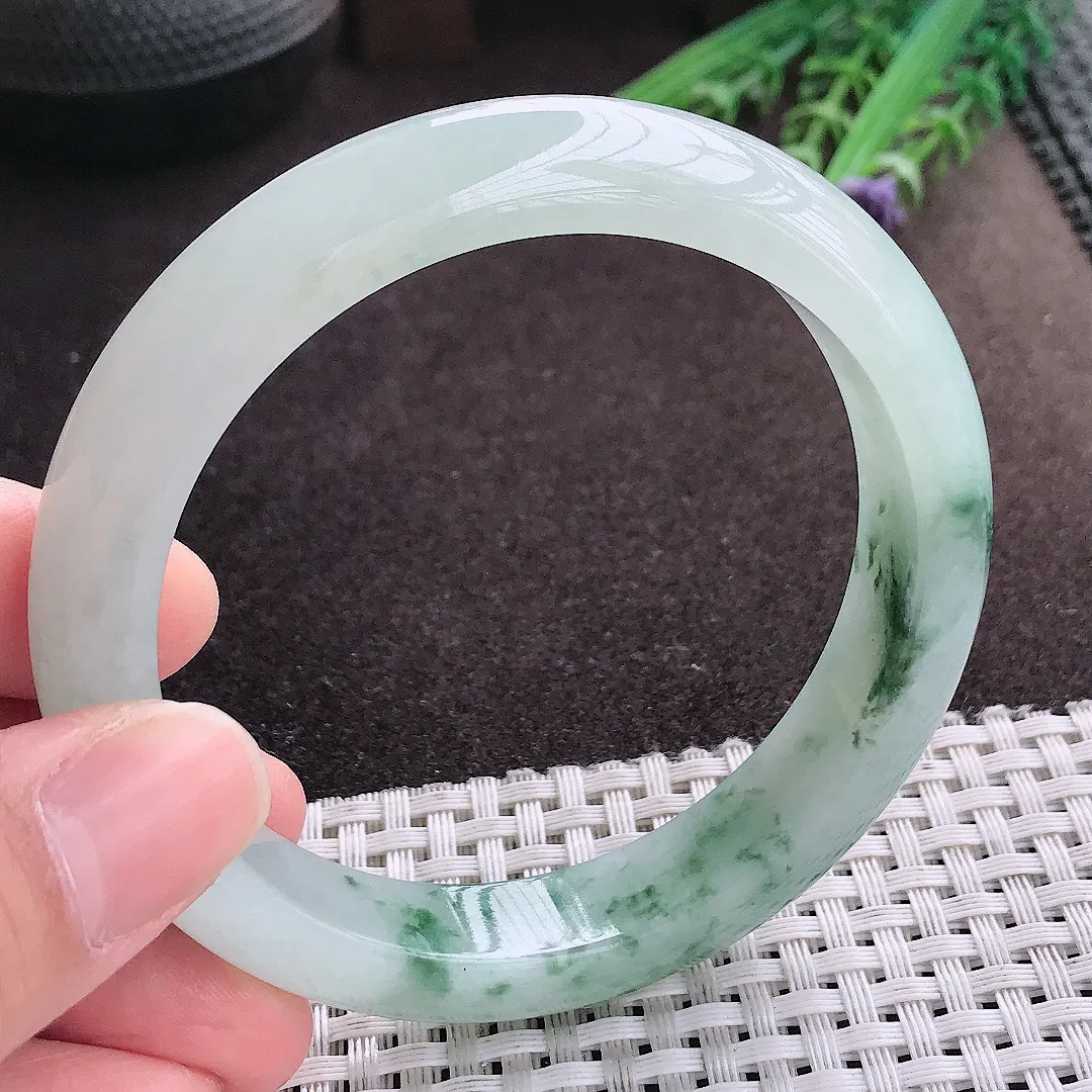 实拍A货翡翠59.5/12.6/8.6老坑冰胶飘花手镯宽边玉镯