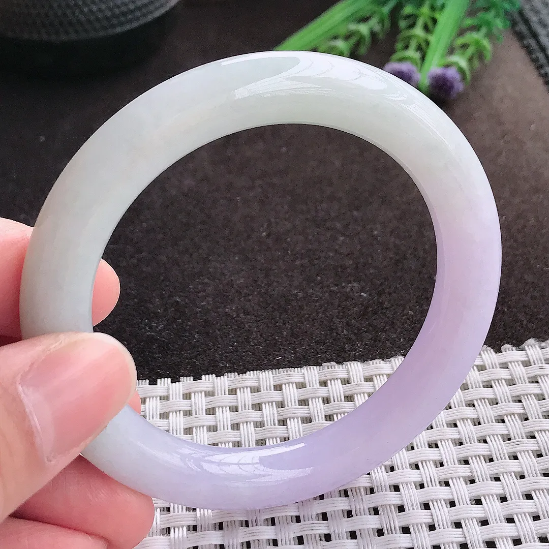 实拍A货翡翠53.8/9.1/9.6老坑秀气冰润紫罗兰圆条手镯翡翠玉镯