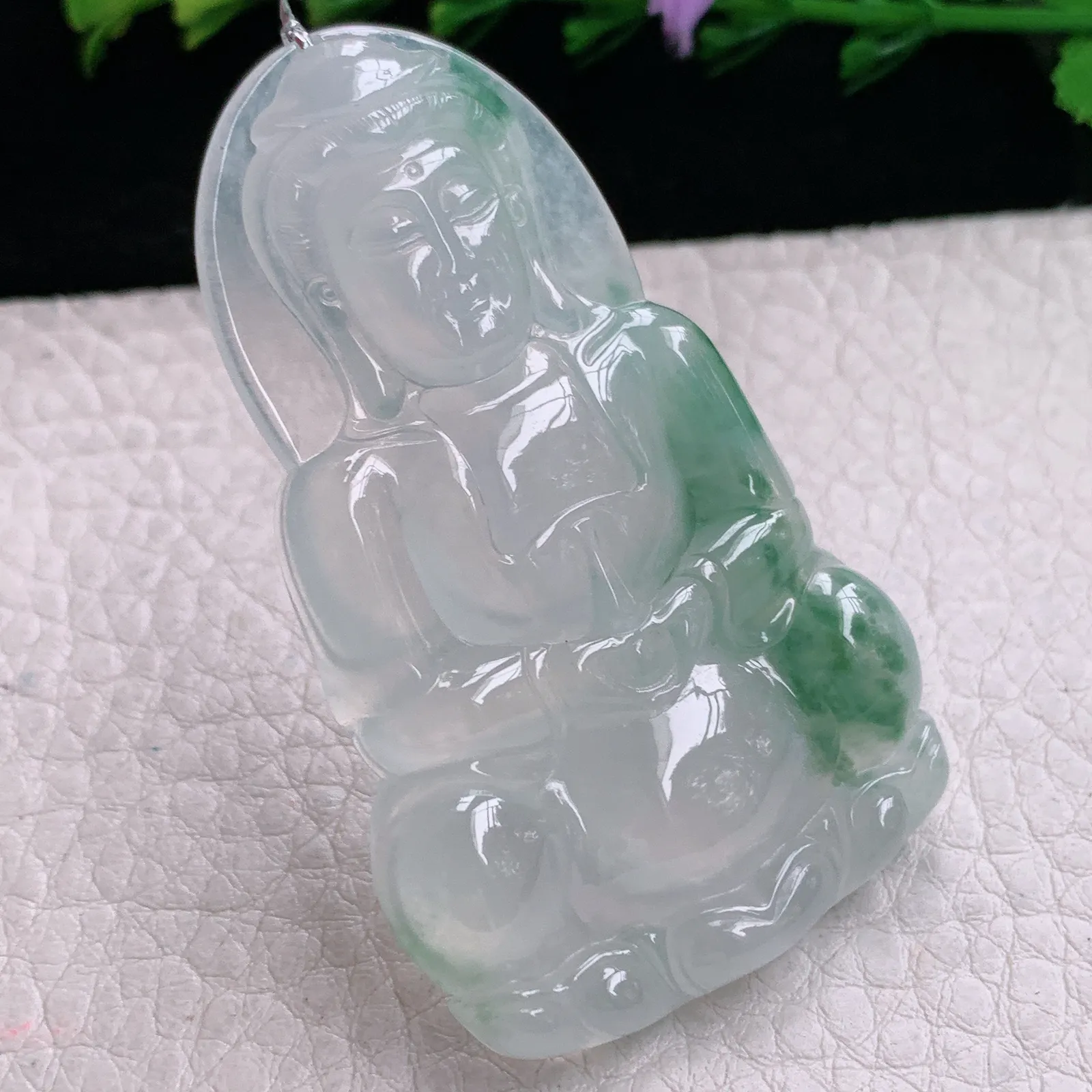 qxm实拍57.8*36.2*6.2缅甸翡翠精雕冰飘花正庄观音 玉观音玉吊坠 玉挂坠