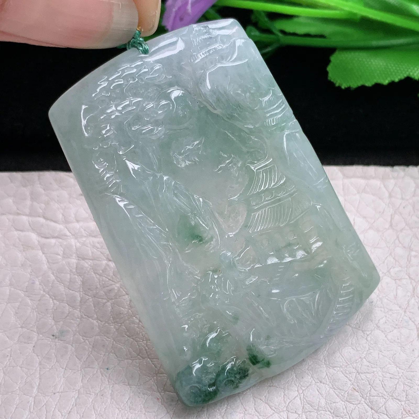 yn实拍55.5*39*5.2缅甸翡翠精雕冰飘花山水 大好河山玉吊坠 玉挂坠