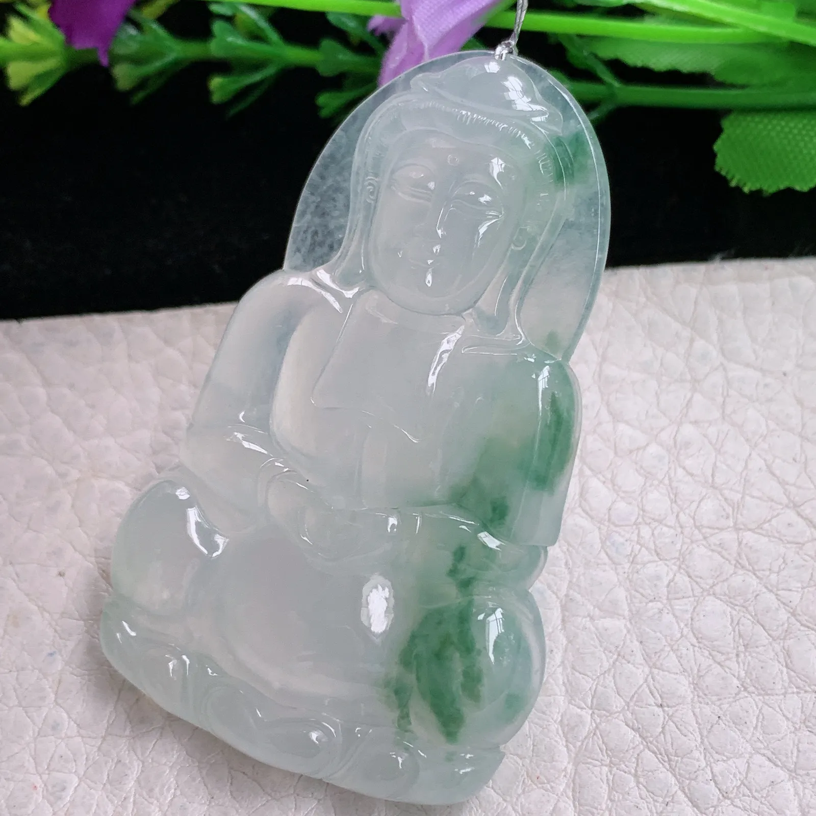 qxm实拍57.8*36.2*6.2缅甸翡翠精雕冰飘花正庄观音 玉观音玉吊坠 玉挂坠