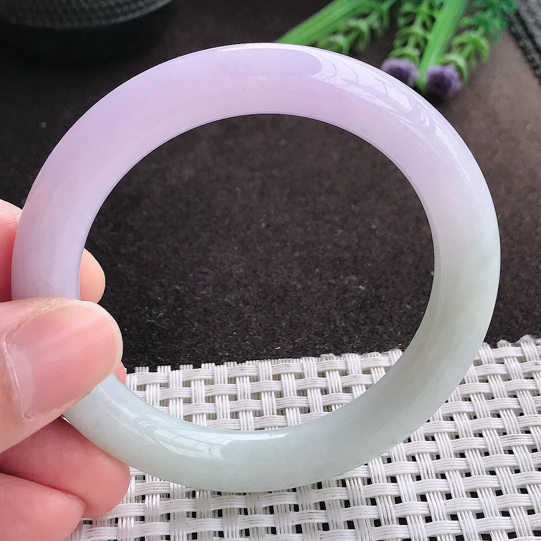 实拍A货翡翠53.8/9.1/9.6老坑秀气冰润紫罗兰圆条手镯翡翠玉镯