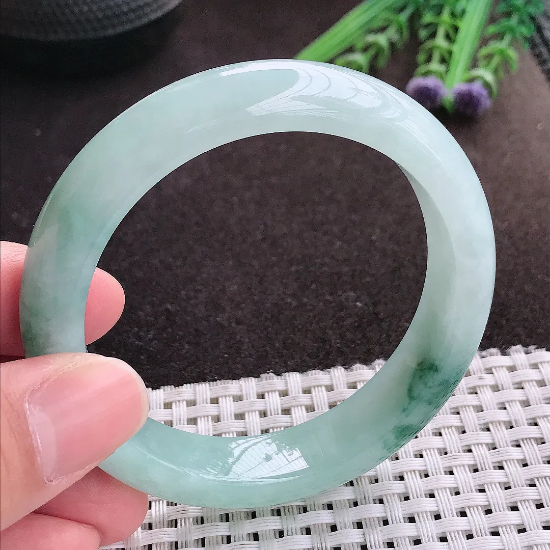 实拍A货翡翠54.8/12.9/8.5老坑冰胶果冻冰飘花手镯宽边玉镯