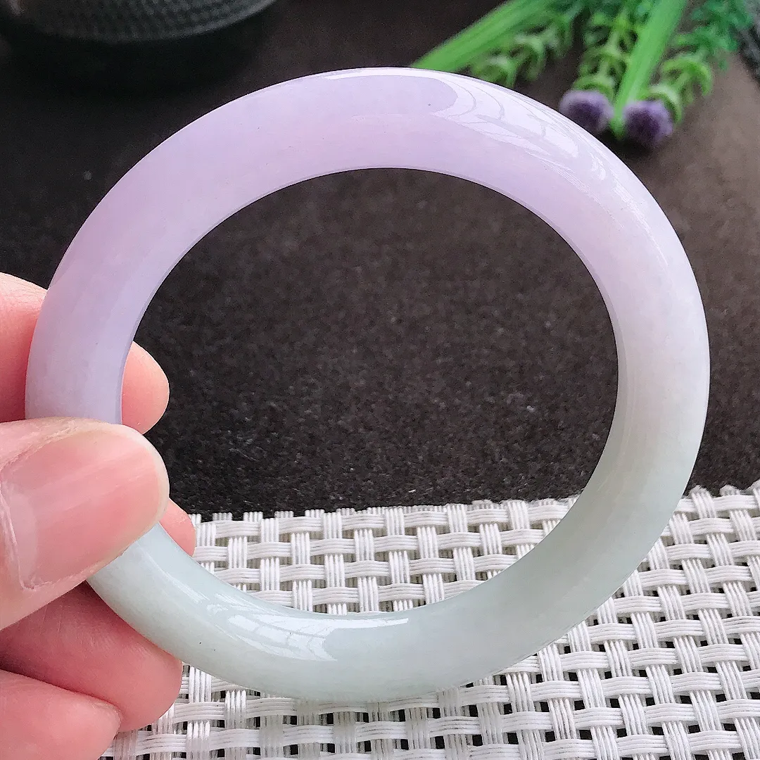 实拍A货翡翠53.8/9.1/9.6老坑秀气冰润紫罗兰圆条手镯翡翠玉镯