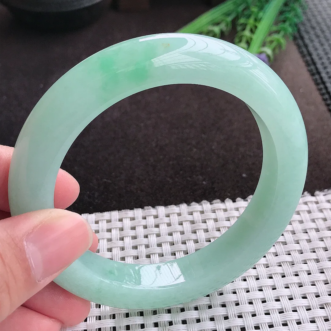 实拍A货翡翠60/12.1/10.5大圈口老坑冰润起胶冰晴绿满绿手镯宽边玉镯