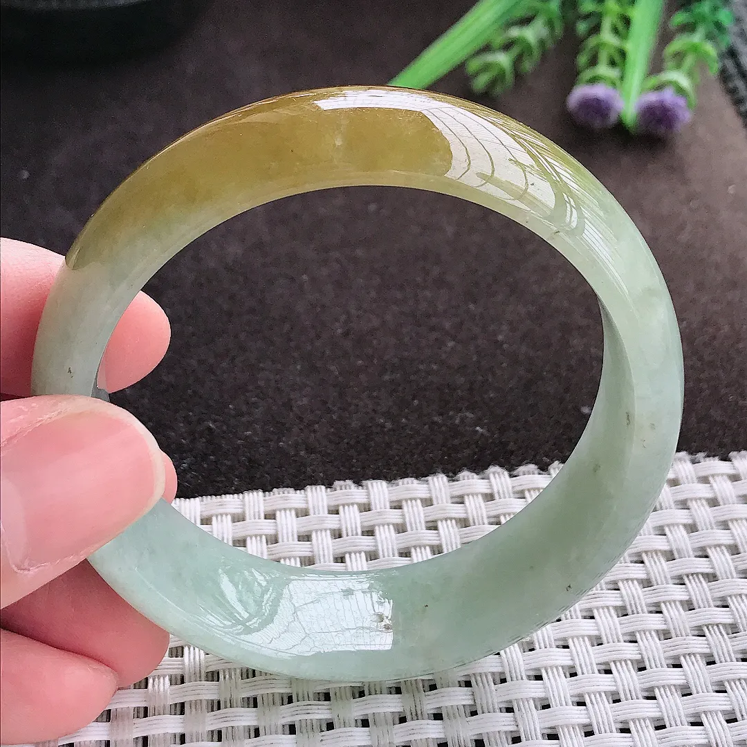 实拍A货翡翠55/17.5/7.1老坑精美特色黄翡轮胎手镯宽边玉镯