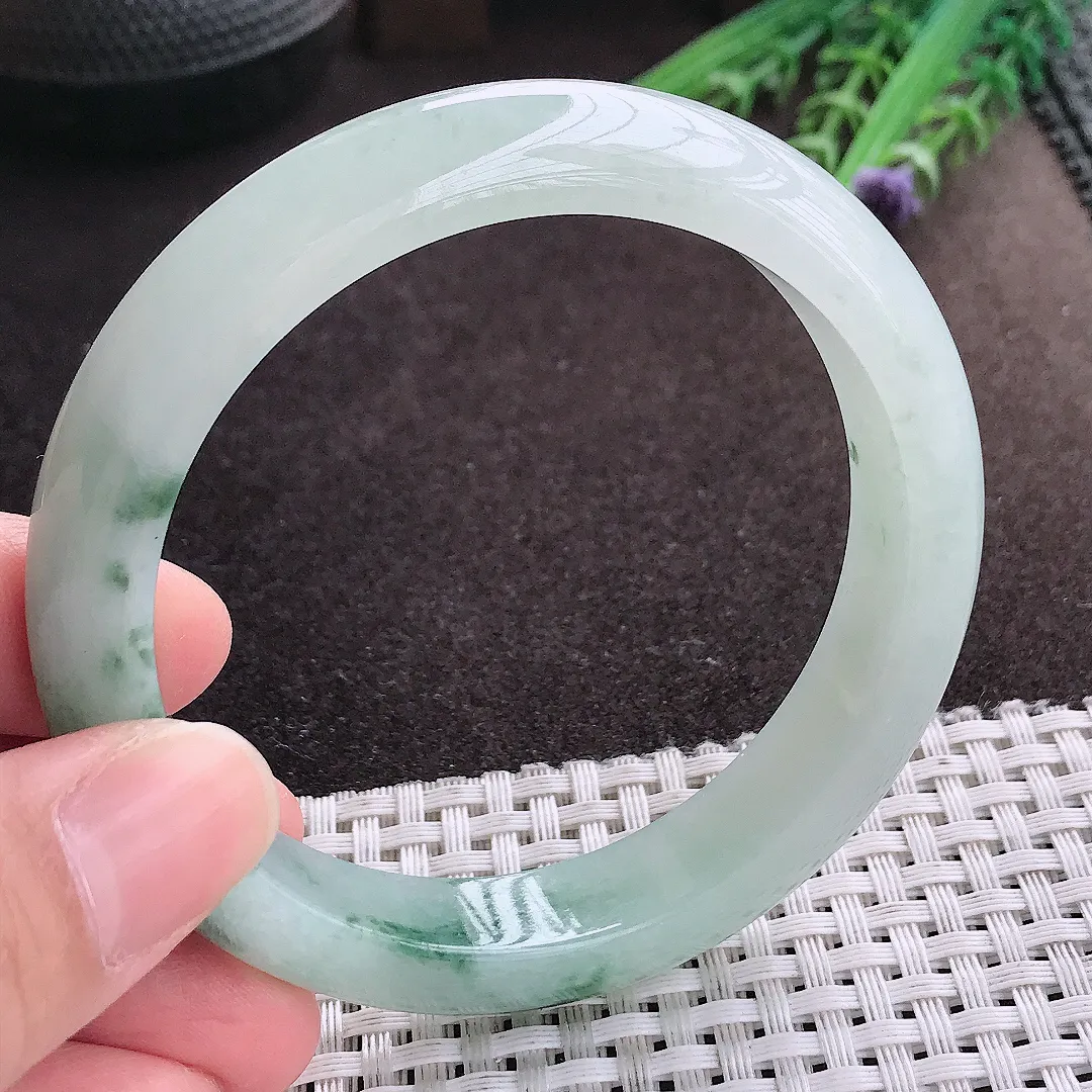 实拍A货翡翠59.5/12.6/8.6老坑冰胶飘花手镯宽边玉镯