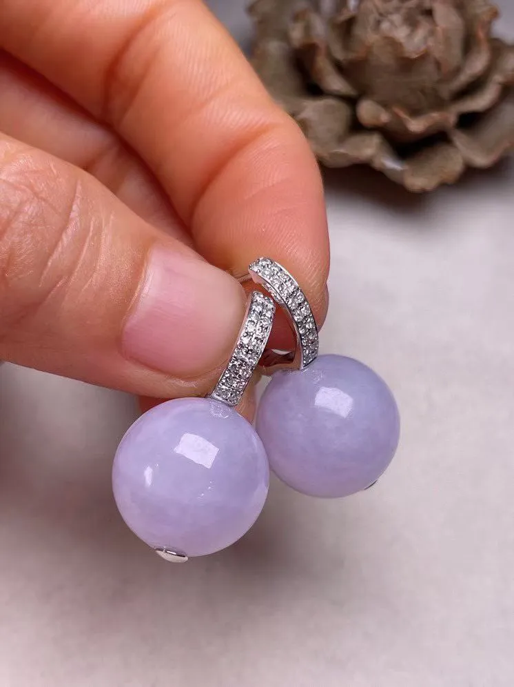 冰糯种紫罗兰圆珠耳坠、真金真钻镶嵌，种水好，玉质细腻 .裸石尺寸 14.5