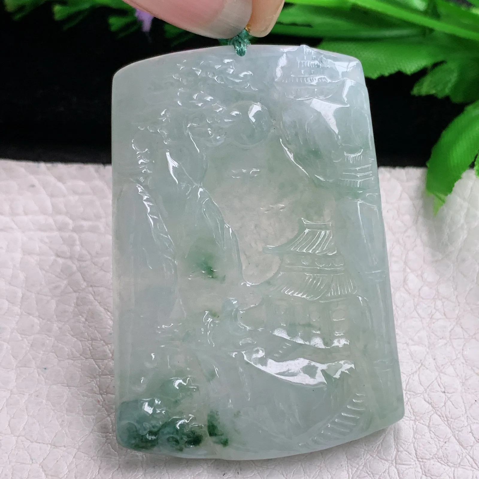 yn实拍55.5*39*5.2缅甸翡翠精雕冰飘花山水 大好河山玉吊坠 玉挂坠