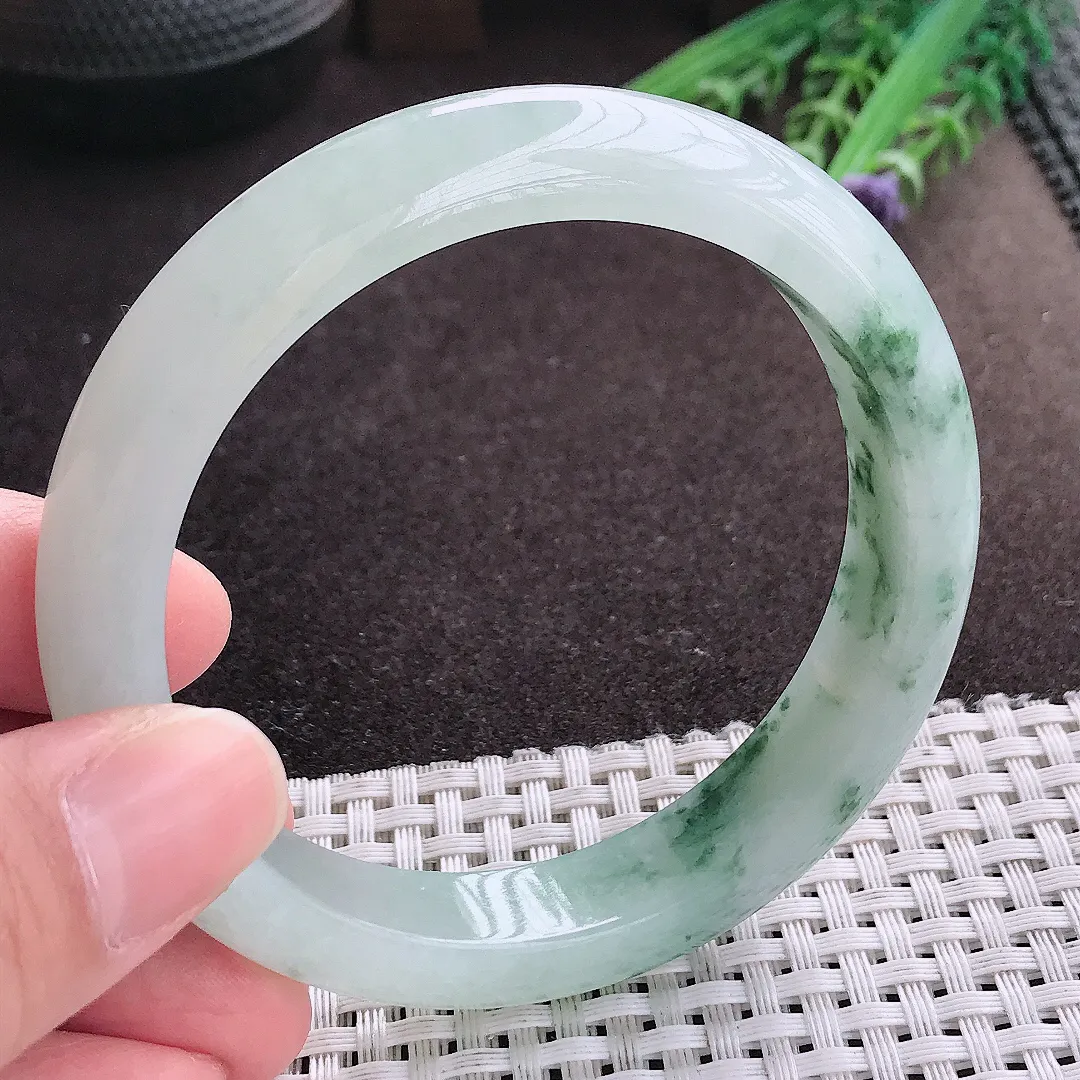 实拍A货翡翠59.5/12.6/8.6老坑冰胶飘花手镯宽边玉镯