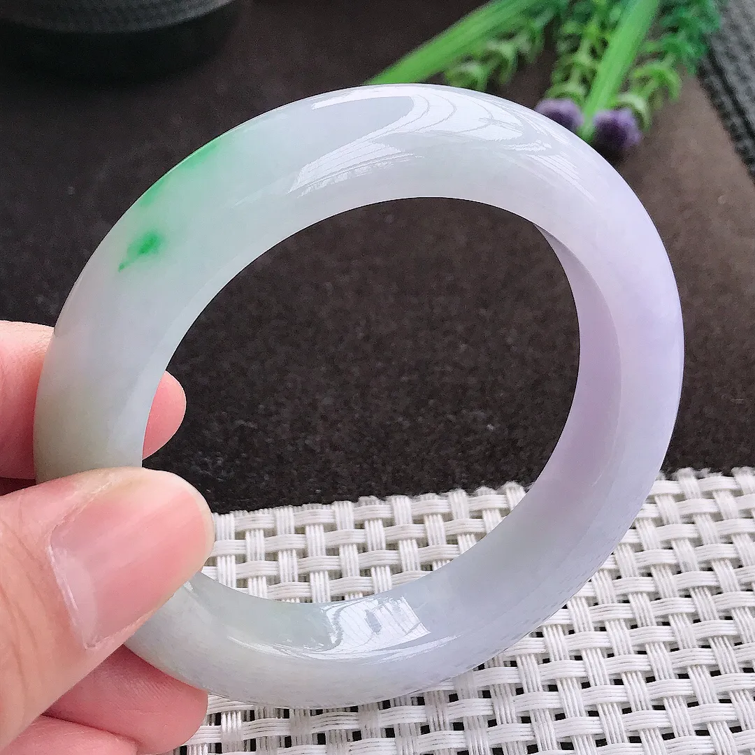 实拍A货翡翠55/12.7/10老坑冰润水灵春带彩手镯宽边玉镯