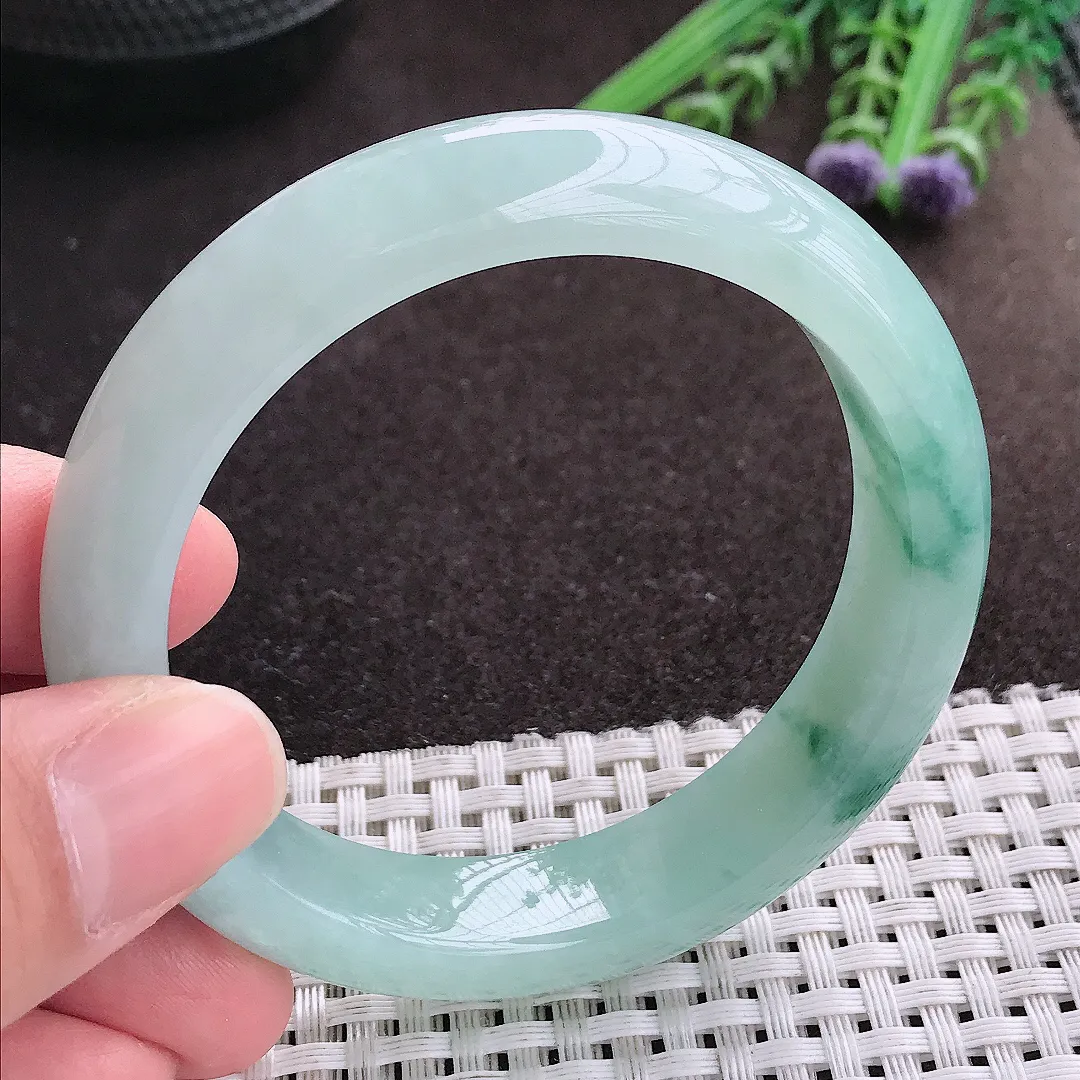 实拍A货翡翠54.8/12.9/8.5老坑冰胶果冻冰飘花手镯宽边玉镯