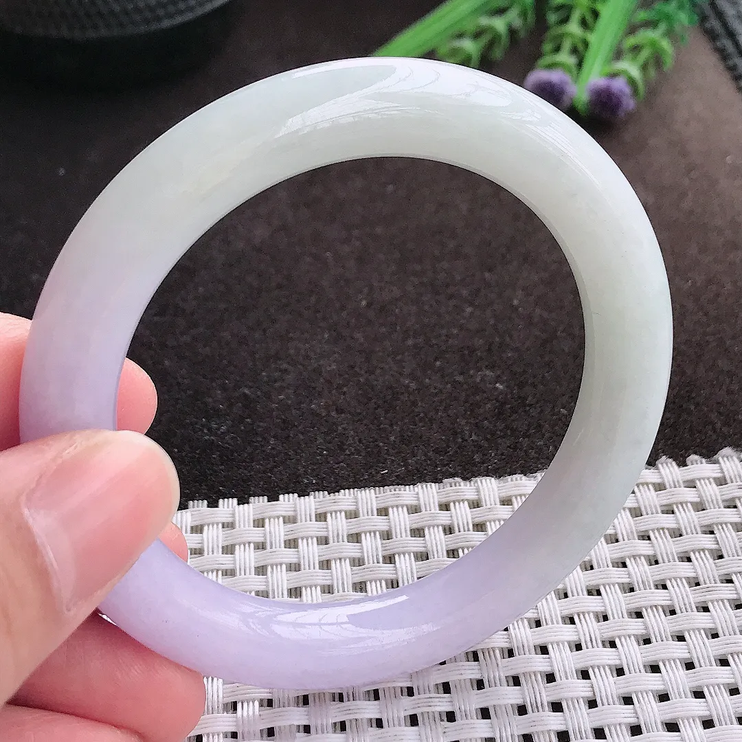 实拍A货翡翠53.8/9.1/9.6老坑秀气冰润紫罗兰圆条手镯翡翠玉镯