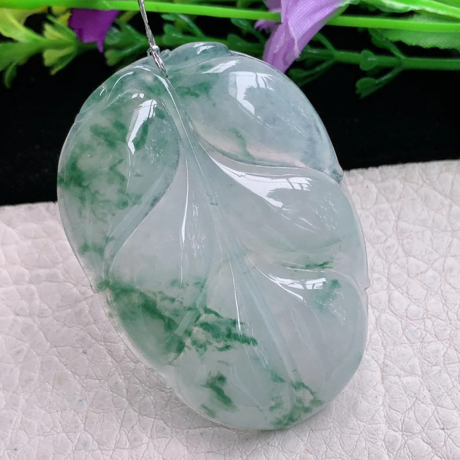 qxm实拍52.5*36.8*5.6缅甸翡翠精雕冰飘花大业有成 一夜成名玉吊坠 玉挂坠