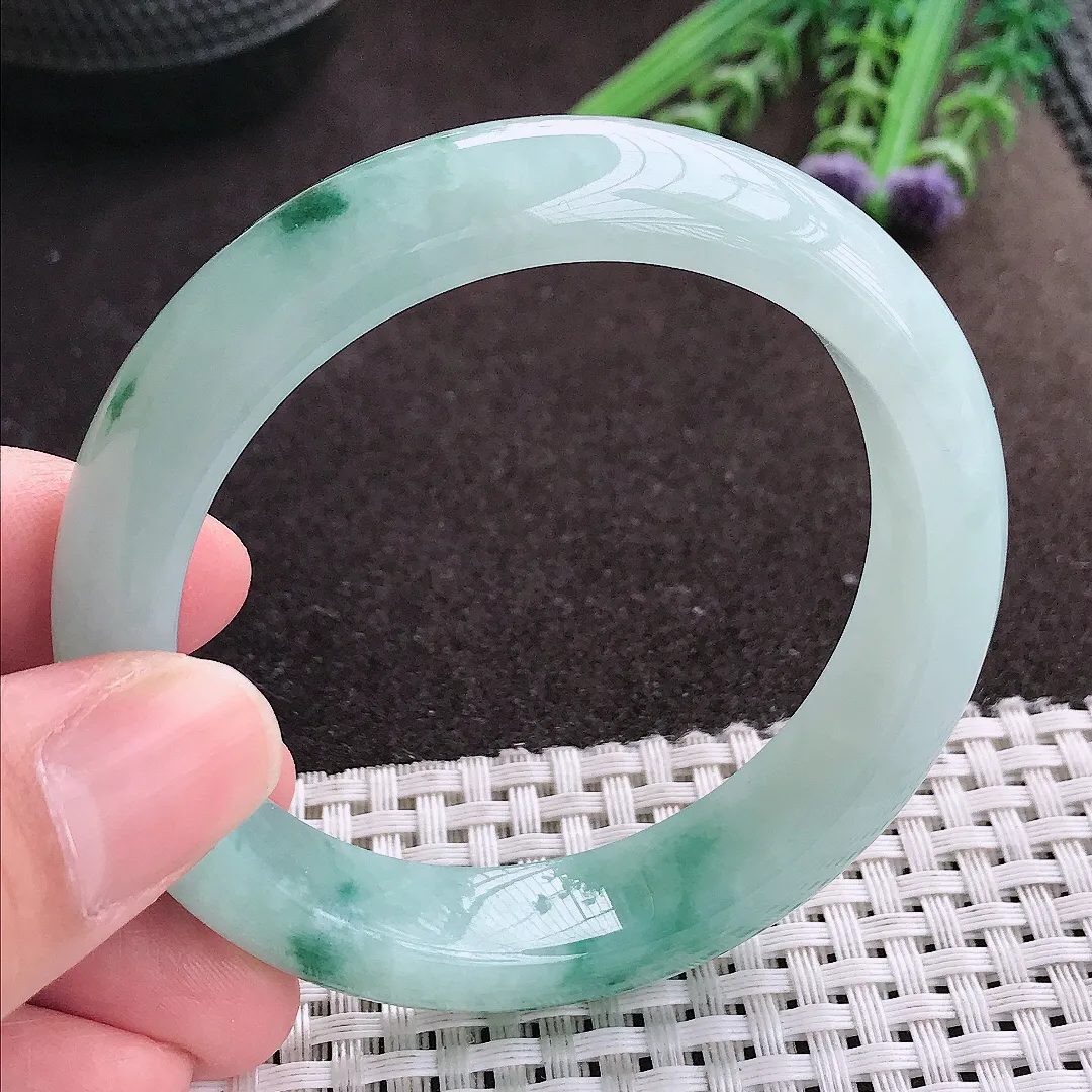 实拍A货翡翠54.8/12.9/8.5老坑冰胶果冻冰飘花手镯宽边玉镯