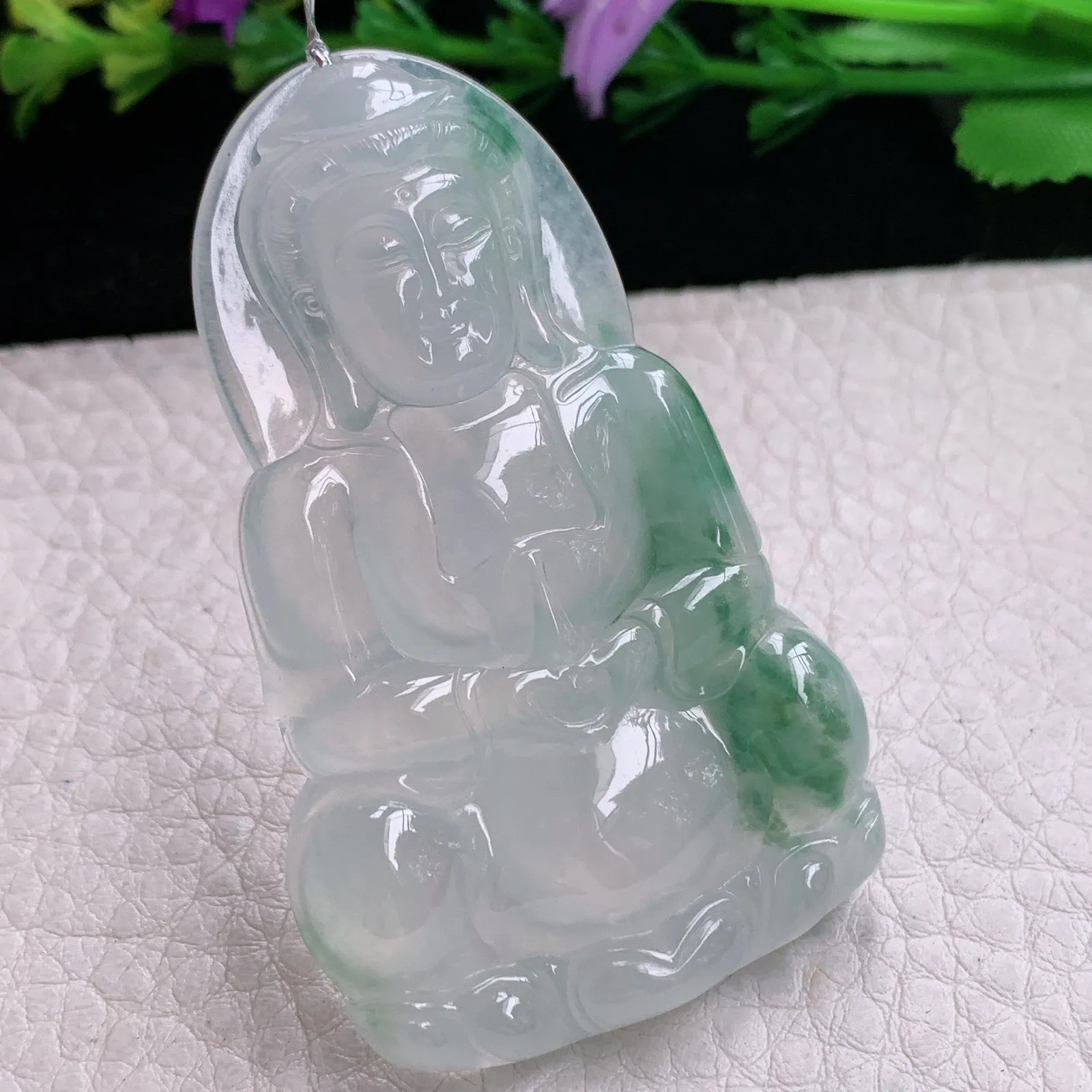 qxm实拍57.8*36.2*6.2缅甸翡翠精雕冰飘花正庄观音 玉观音玉吊坠 玉挂坠