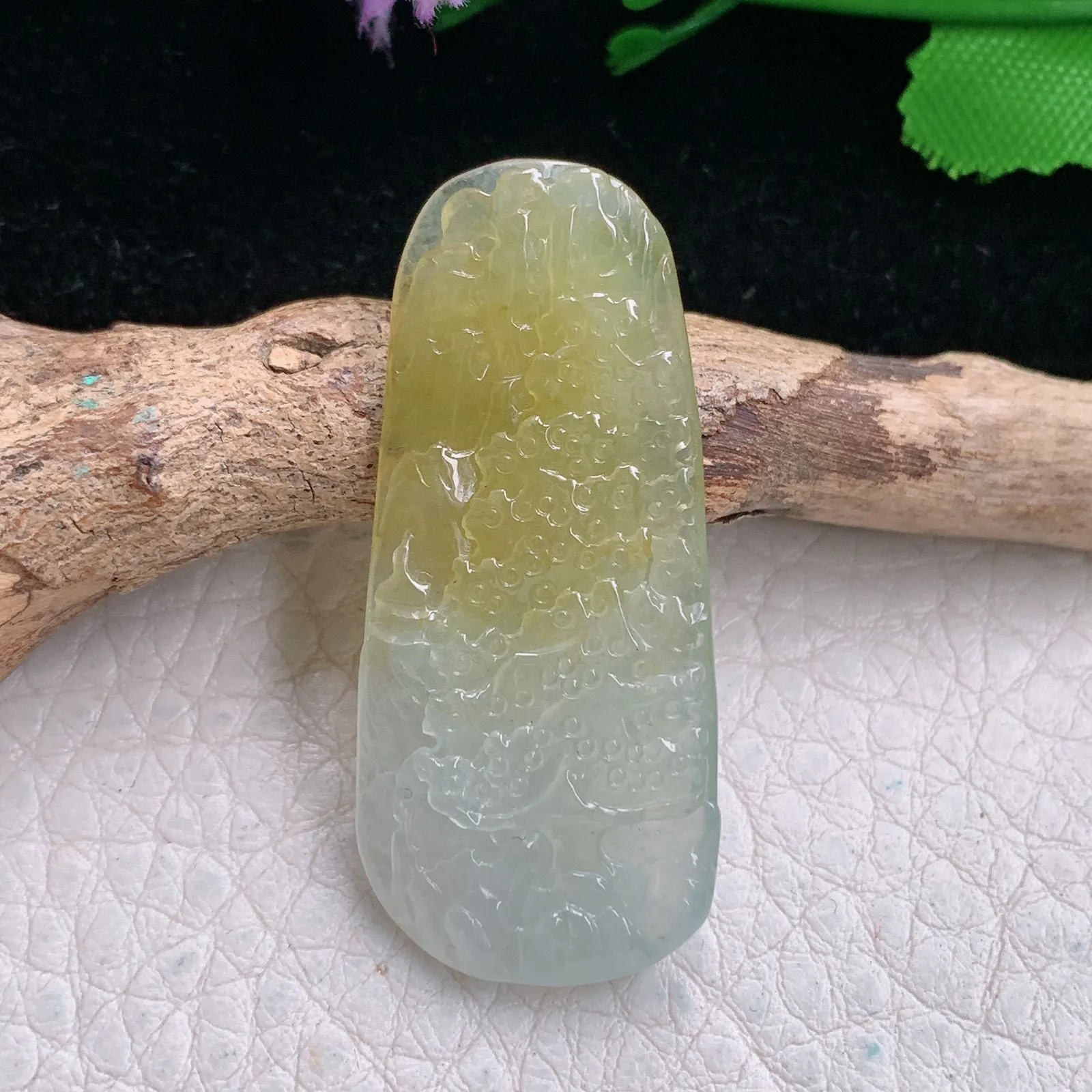 yn实拍40*17.8*4.5缅甸翡翠精雕冰双彩山水 大好河山玉吊坠 玉挂坠