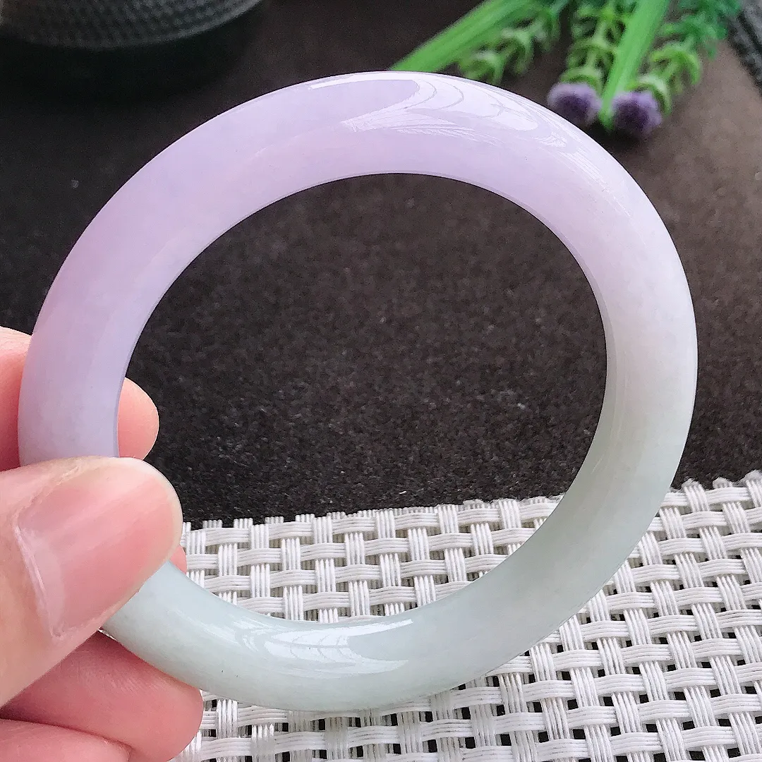 实拍A货翡翠53.8/9.1/9.6老坑秀气冰润紫罗兰圆条手镯翡翠玉镯