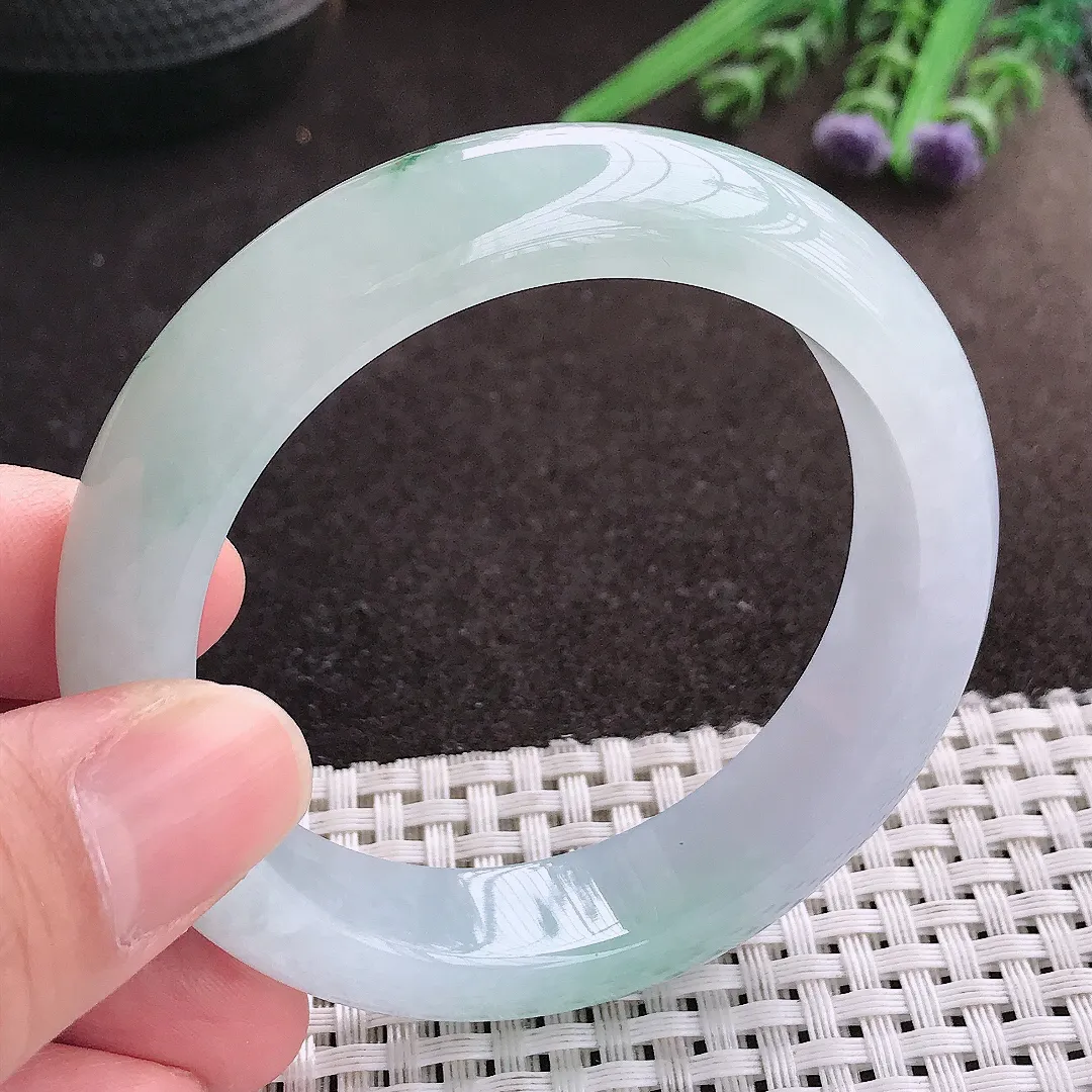 实拍A货翡翠54/13.7/8.7老坑冰胶果冻冰飘花手镯宽边玉镯