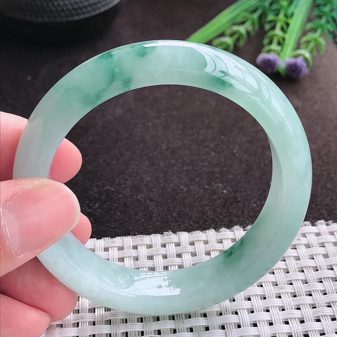 实拍A货翡翠54.8/12.9/8.5老坑冰胶果冻冰飘花手镯宽边玉镯