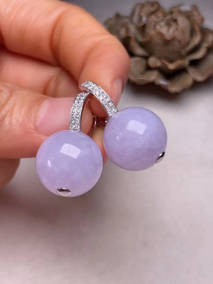 冰糯种紫罗兰圆珠耳坠、真金真钻镶嵌，种水好，玉质细腻 .裸石尺寸 14.5