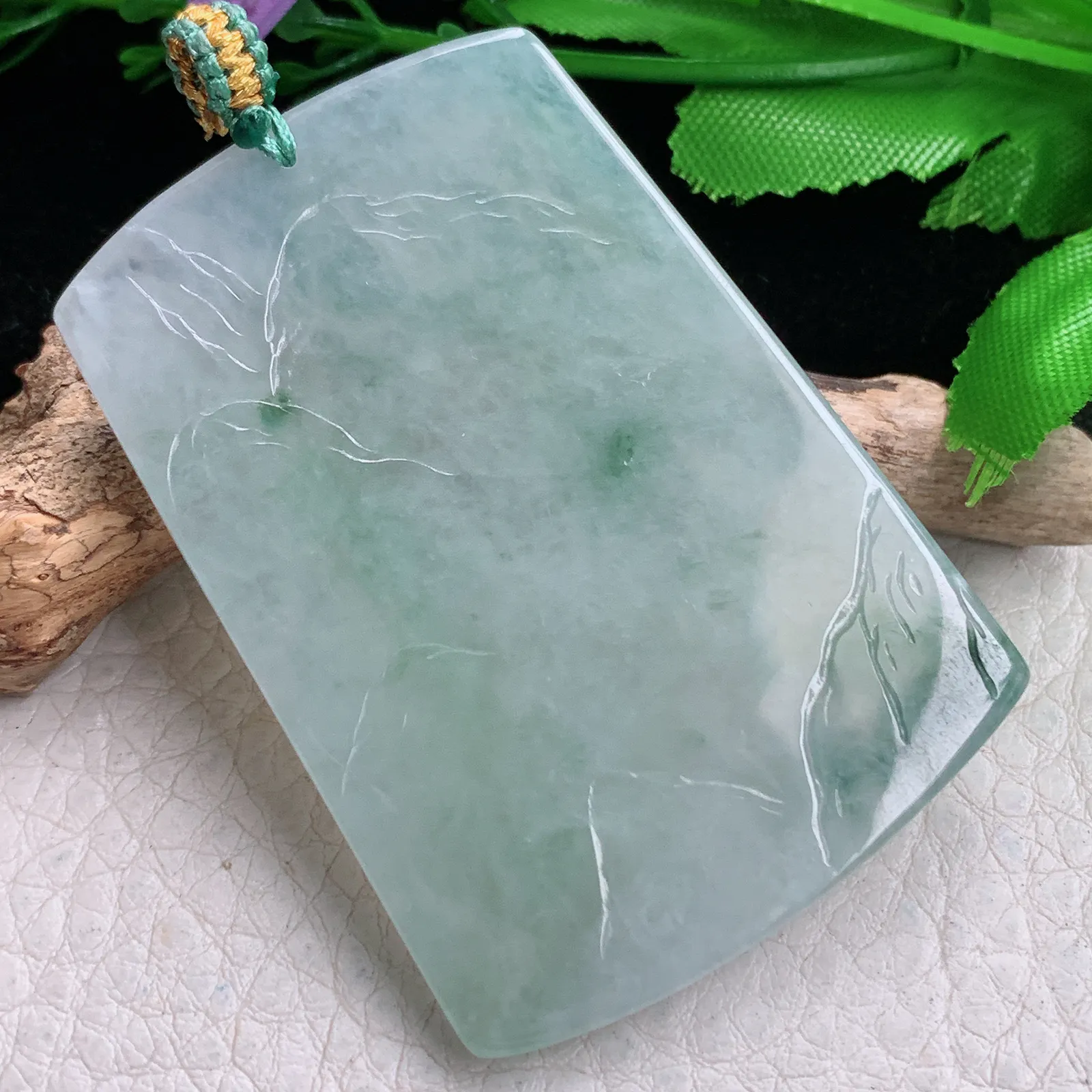 yn实拍55.5*39*5.2缅甸翡翠精雕冰飘花山水 大好河山玉吊坠 玉挂坠