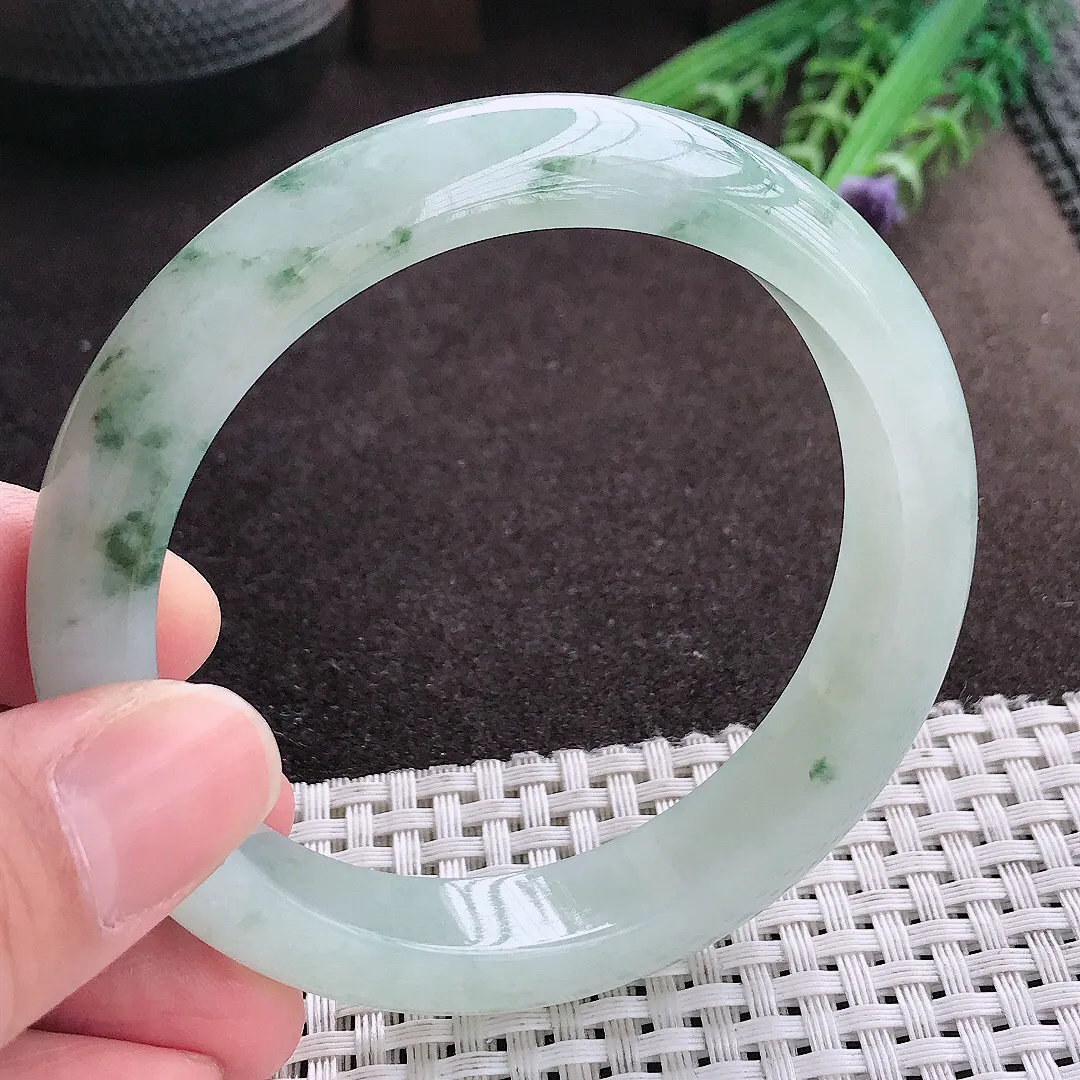 实拍A货翡翠59.5/12.6/8.6老坑冰胶飘花手镯宽边玉镯