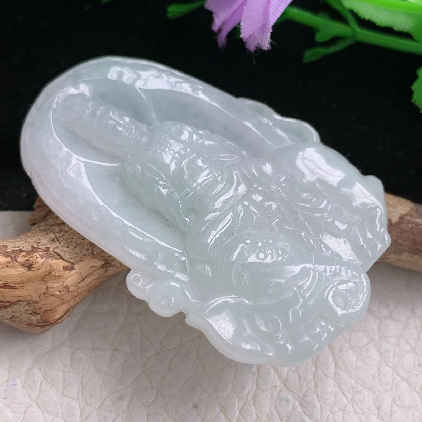 yn实拍48.8*34*5.5缅甸翡翠精雕纯美普贤菩萨玉吊坠 玉挂坠