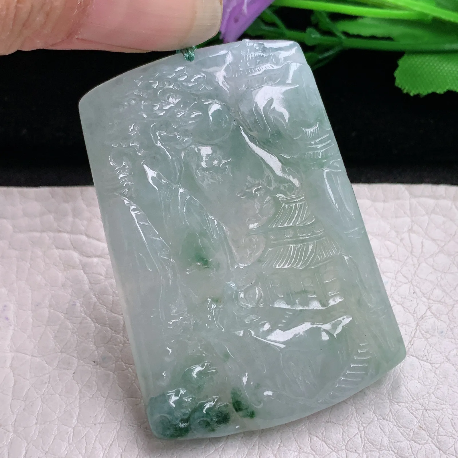 yn实拍55.5*39*5.2缅甸翡翠精雕冰飘花山水 大好河山玉吊坠 玉挂坠