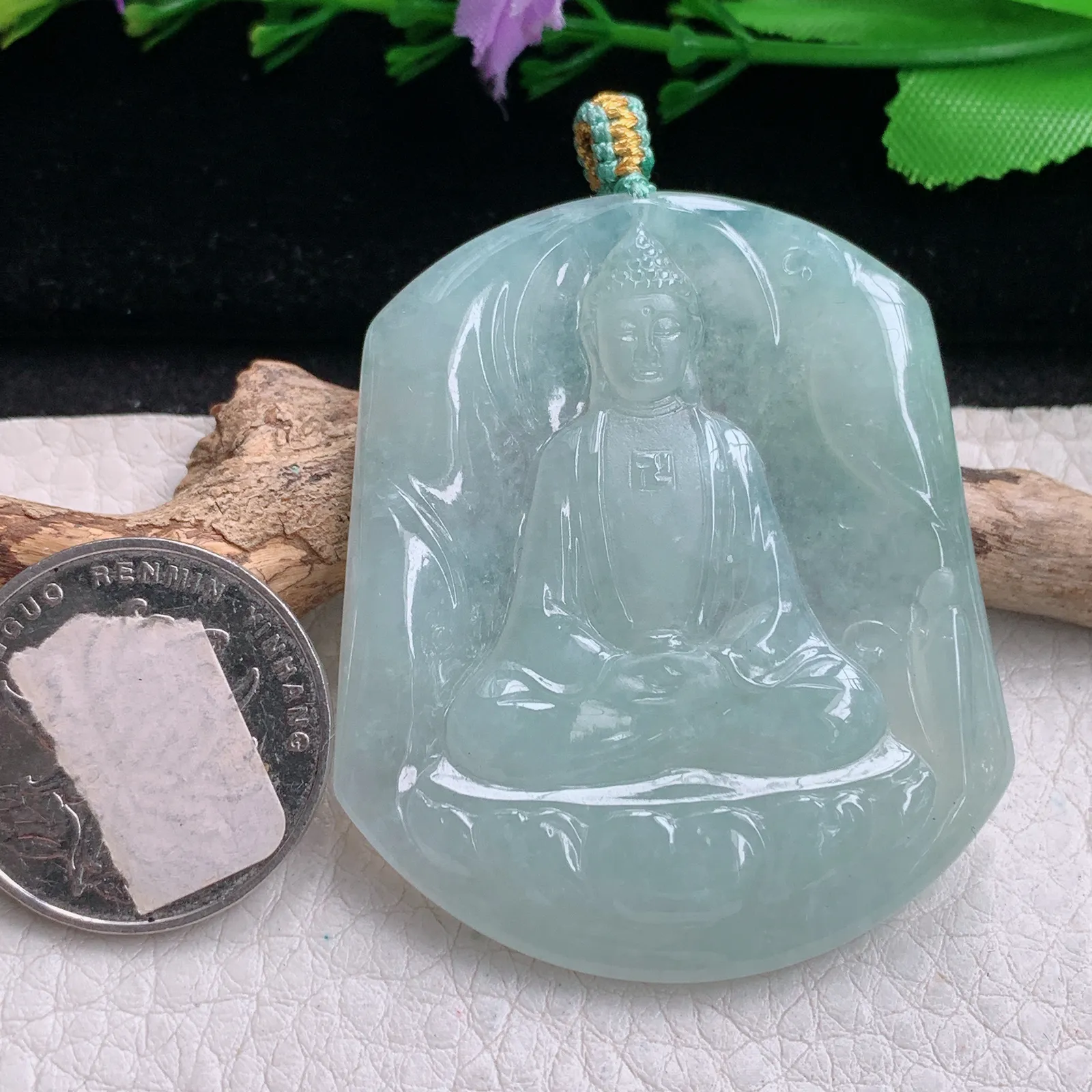 yn实拍51.5*43.8*5缅甸翡翠精雕冰晴大日如来佛祖 佛主玉吊坠 玉挂坠