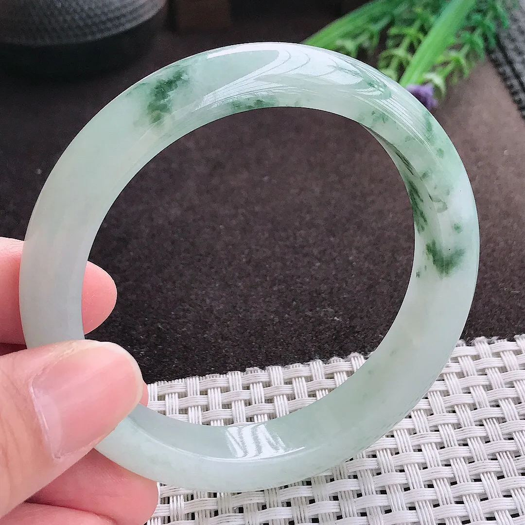 实拍A货翡翠59.5/12.6/8.6老坑冰胶飘花手镯宽边玉镯