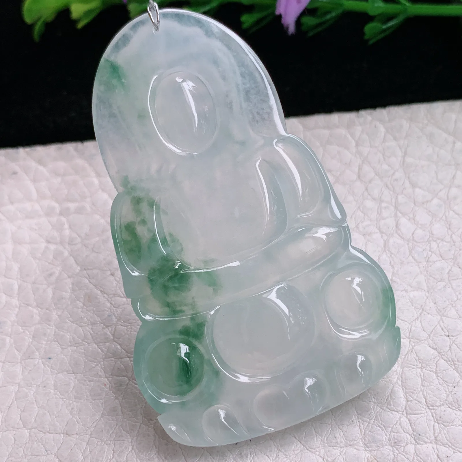 qxm实拍57.8*36.2*6.2缅甸翡翠精雕冰飘花正庄观音 玉观音玉吊坠 玉挂坠