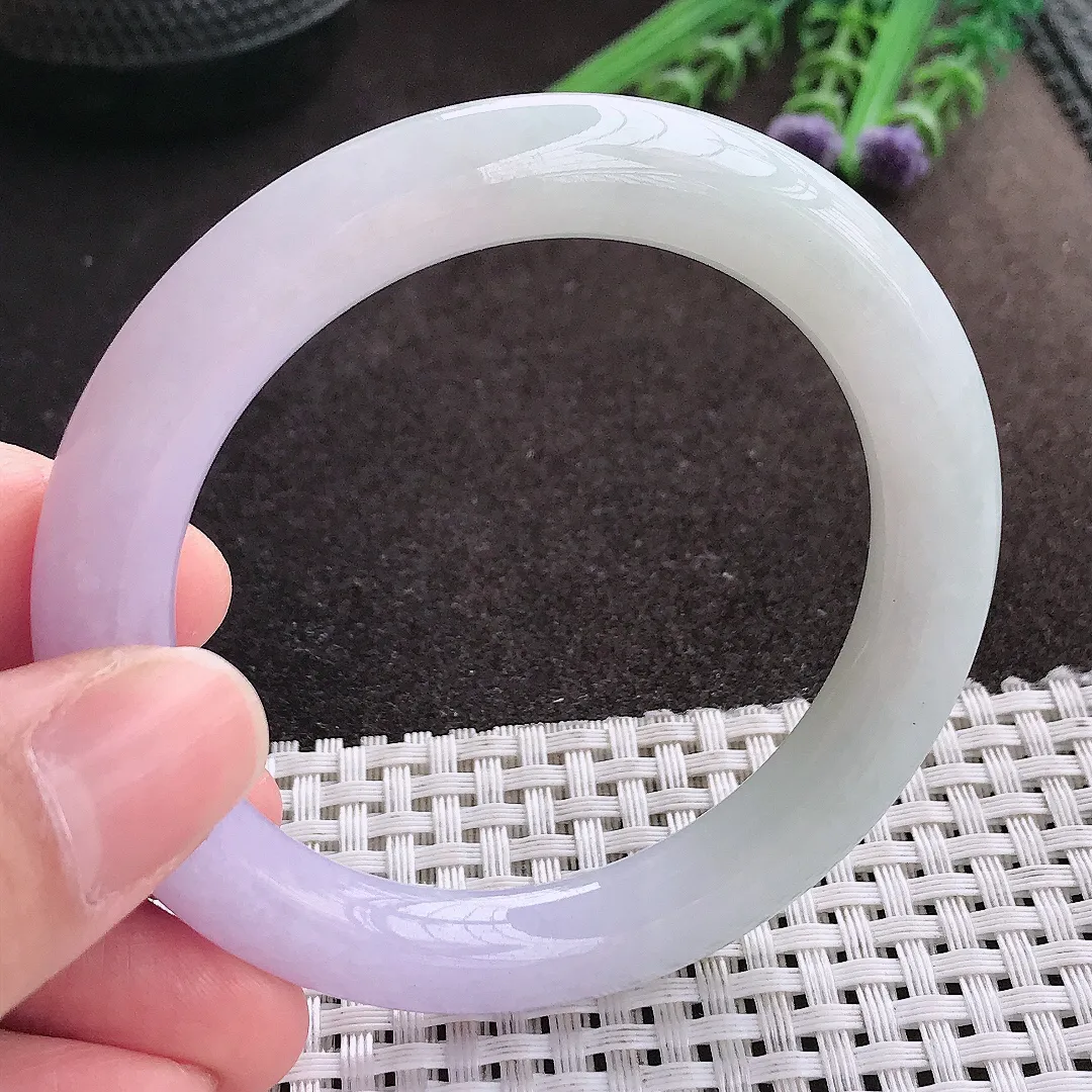 实拍A货翡翠53.8/9.1/9.6老坑秀气冰润紫罗兰圆条手镯翡翠玉镯